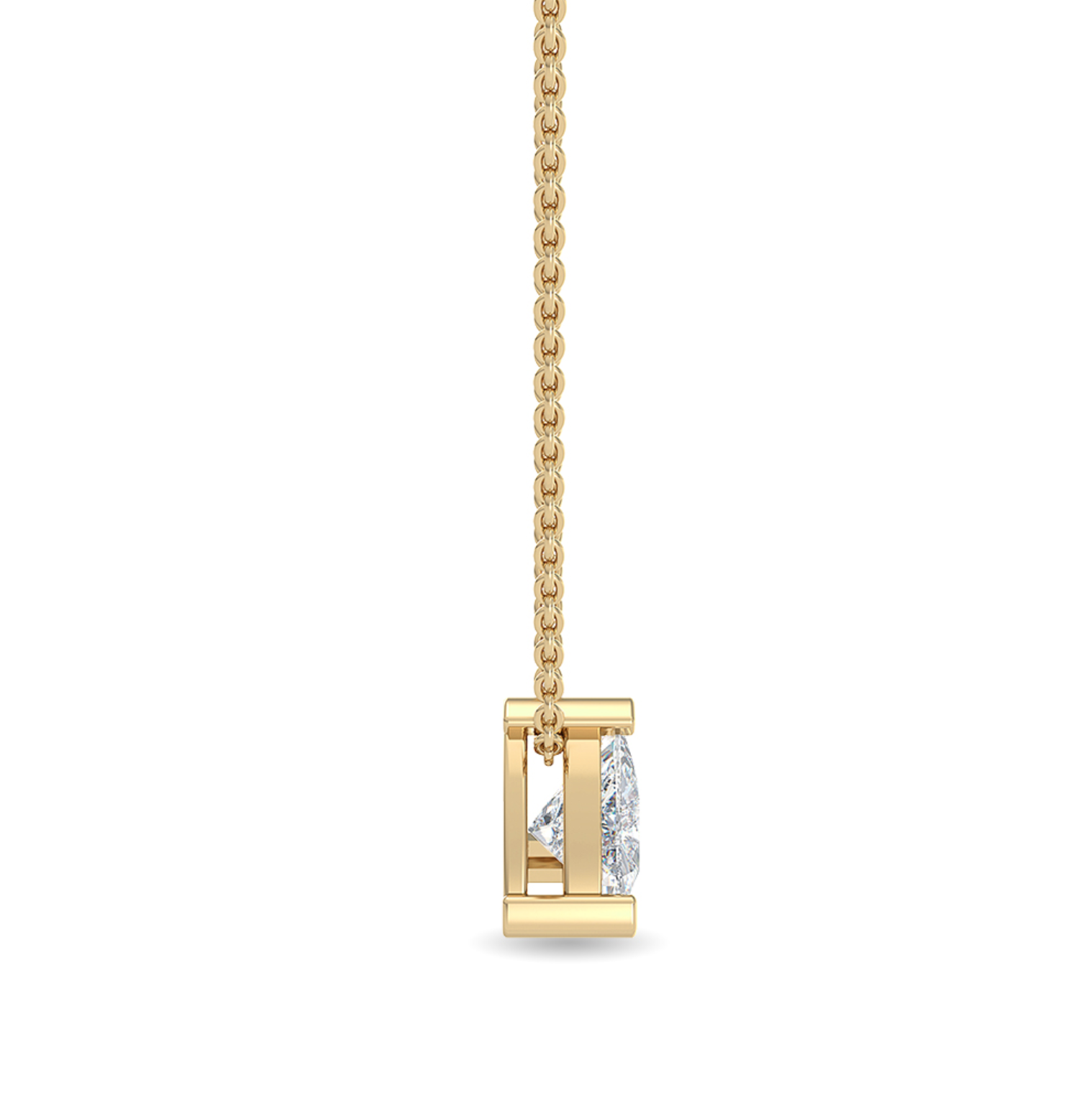 1.00 ct trillion-cut diamond necklace in three-claw setting on 18 ct gold chain hanging side view