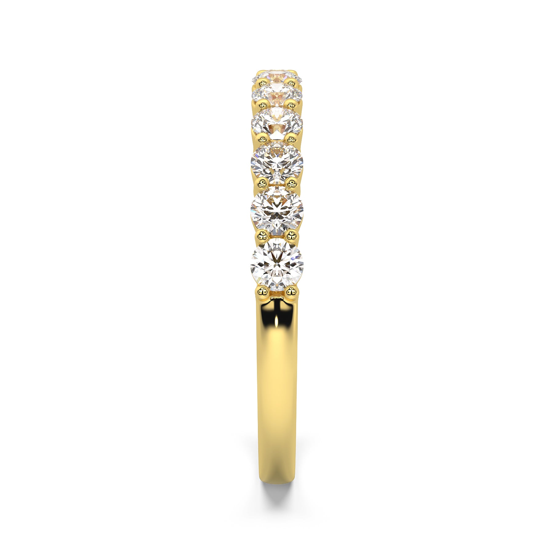 Round Cut Diamond Band in 18ct Yellow Gold with round brilliant cut diamonds, shared claw setting side view
