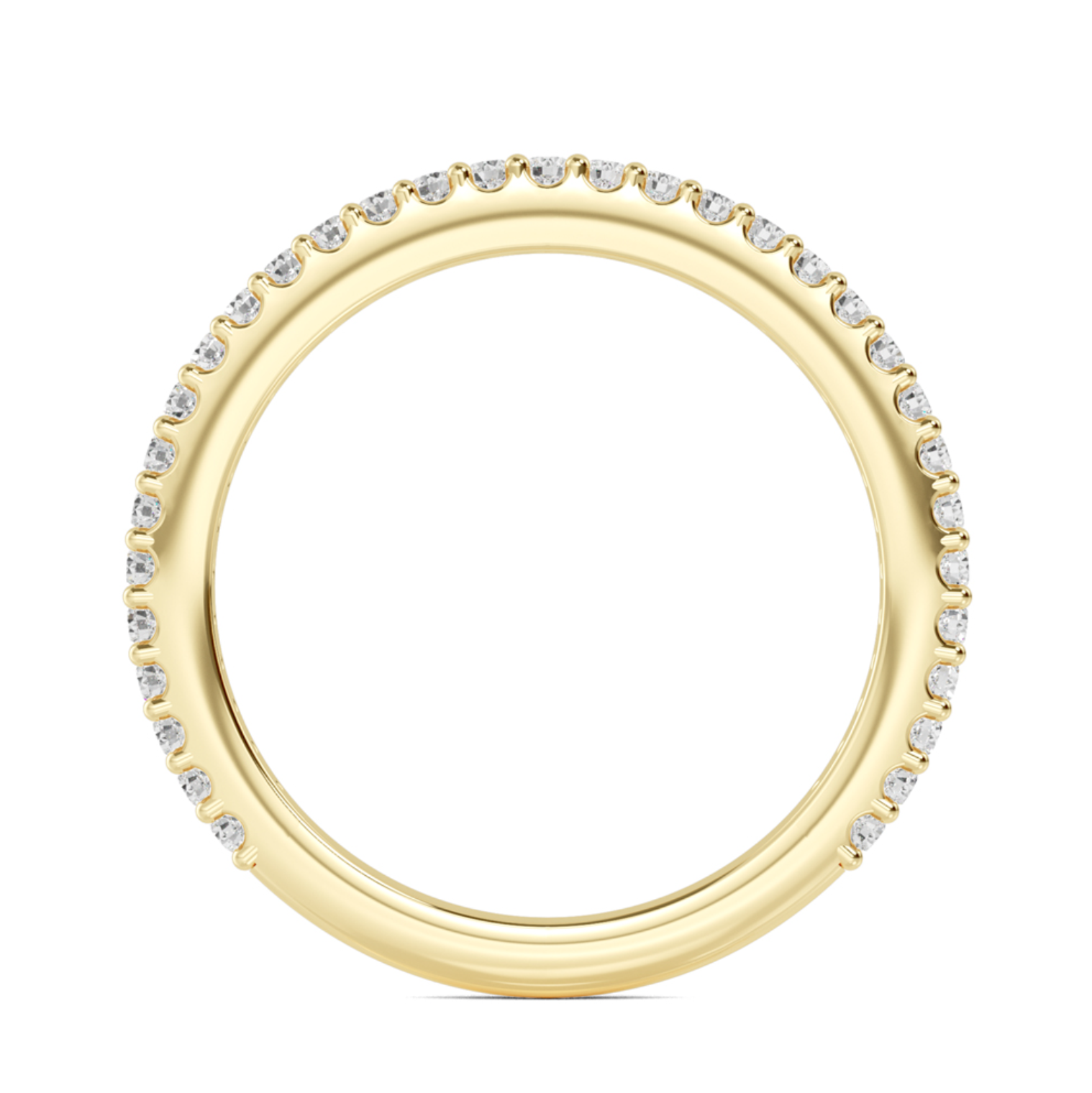 Close-up of Amaya Diamond Band showing 33 round diamonds in shared-claw setting