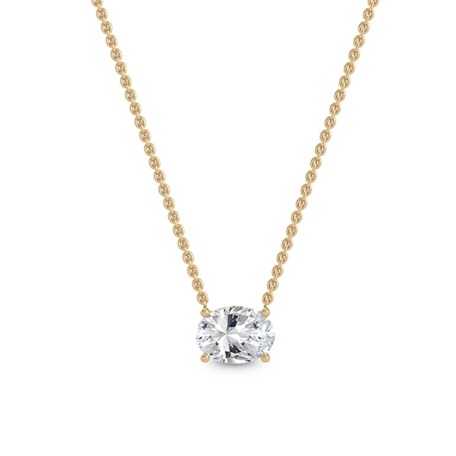 18ct gold necklace featuring a single oval-shaped lab grown diamond.