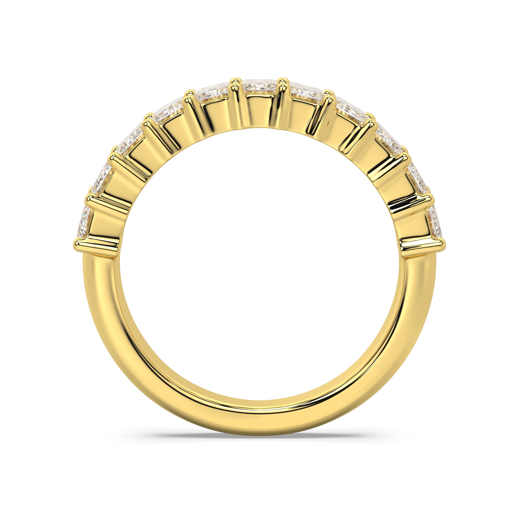 Emerald Cut Diamond Band in 18ct Yellow Gold emerald cut diamonds, shared claw setting close up