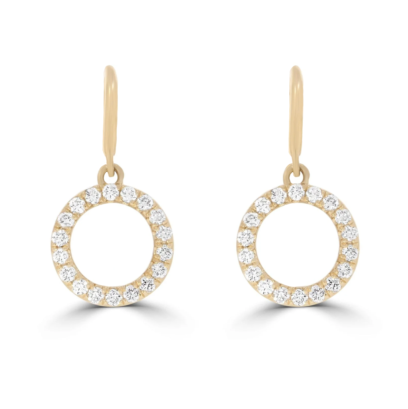 A pair of gold drop earrings featuring round brilliant-cut diamonds