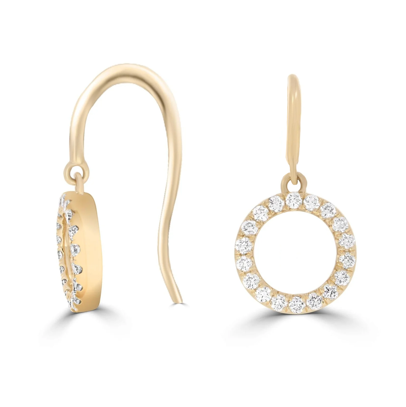 Pair of 18ct gold Hayes drop earrings featuring delicate round brilliant lab-grown diamonds cascading in a round silhouette.