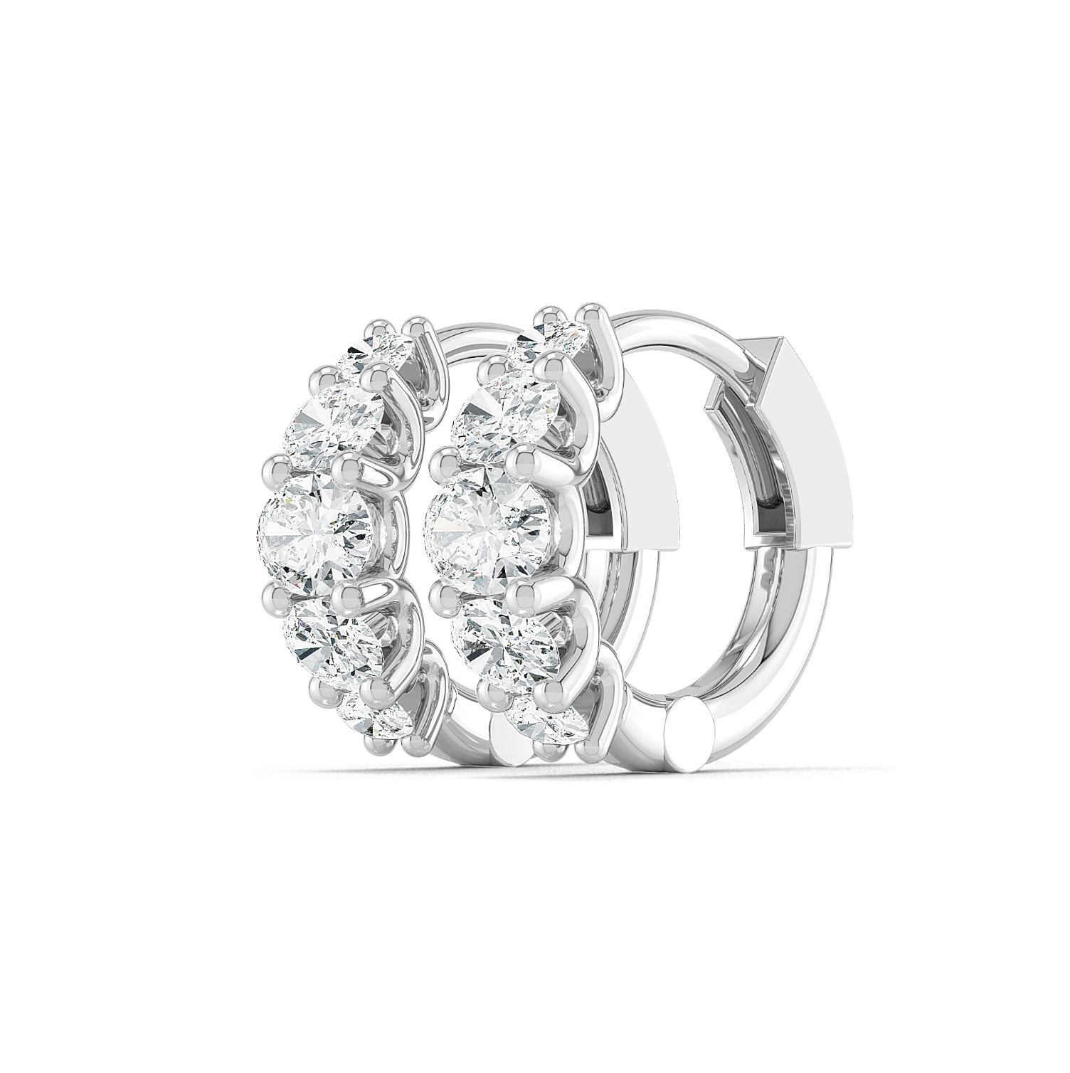 Pair of 18ct white gold oval diamond huggie earrings with east–west set lab-grown diamonds, displayed against a white background