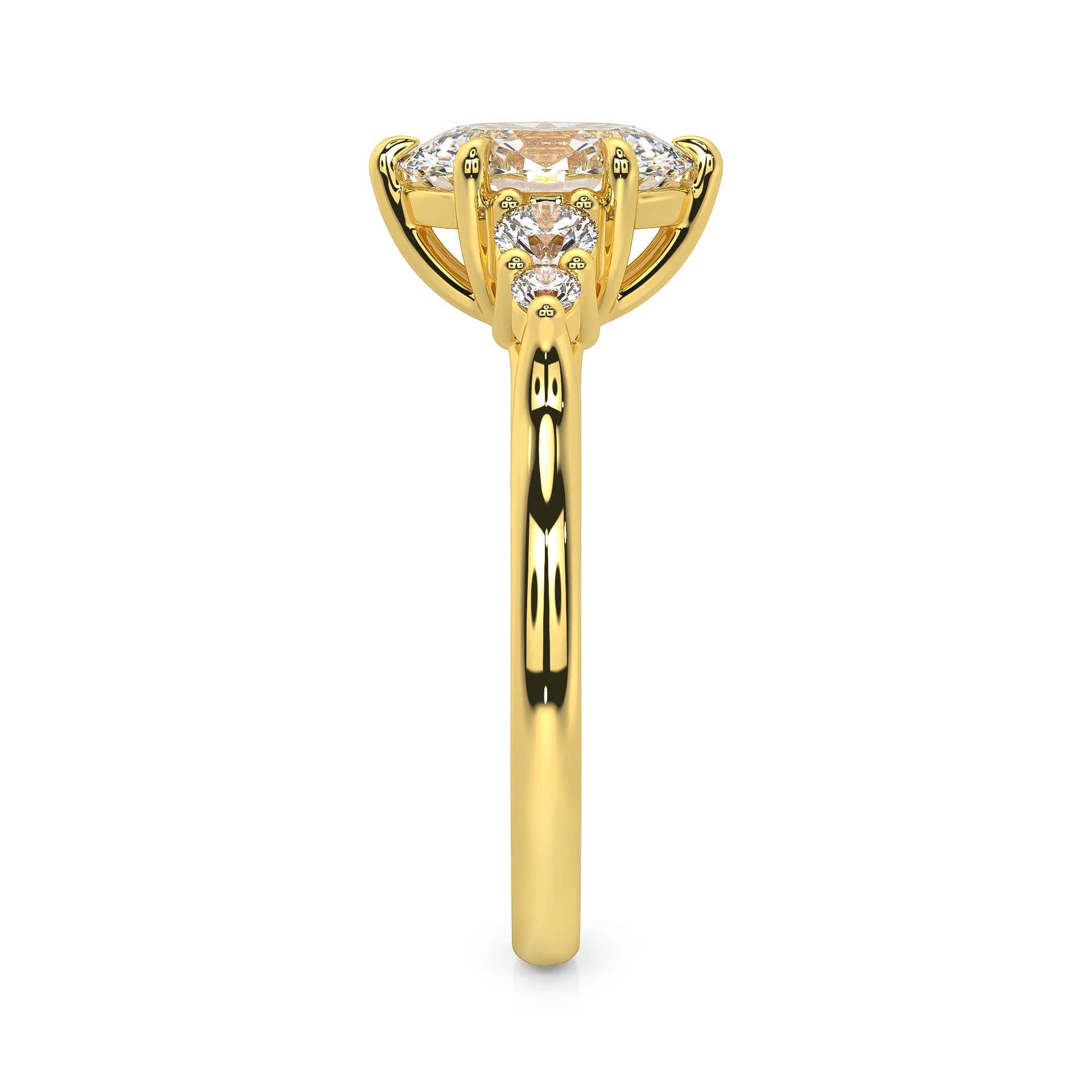 MOHSTEN JEWELLERS - FLORENCE- OVAL cut diamond cathedral 5 stone engagement ring, yellow gold, side view 1