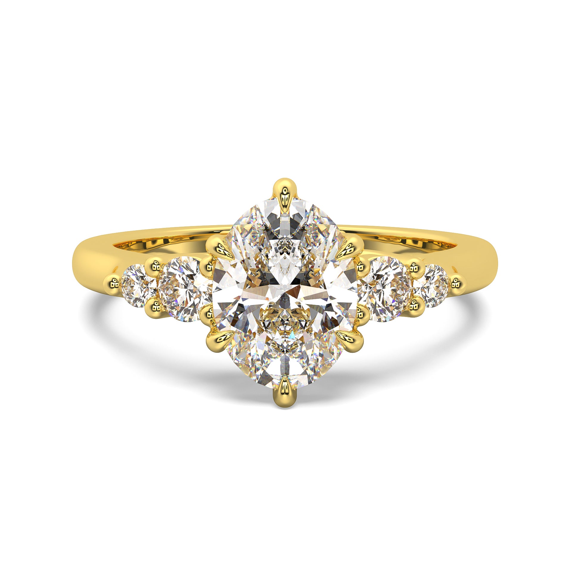 MOHSTEN JEWELLERS - FLORENCE- OVAL cut diamond cathedral 5 stone engagement ring, yellow gold, top view