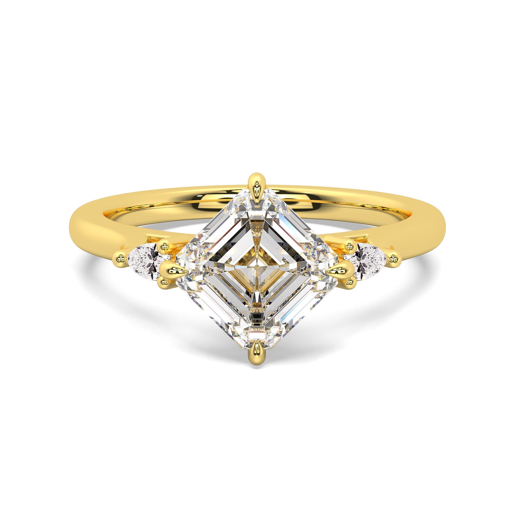 MOHSTEN JEWELLERS - Kashan- asscher cut diamond cathedral trilogy pear side stone engagement ring, YELLOW gold, top view
