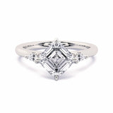 MOHSTEN JEWELLERS - Kashan- asscher cut diamond cathedral trilogy pear side stone engagement ring, white gold, top view