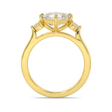 MOHSTEN JEWELLERS - Kashan- asscher cut diamond cathedral trilogy pear side stone engagement ring, yellow gold, side view