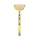 MOHSTEN JEWELLERS - Kashan- asscher cut diamond cathedral trilogy pear side stone engagement ring, yellow gold, side view 2