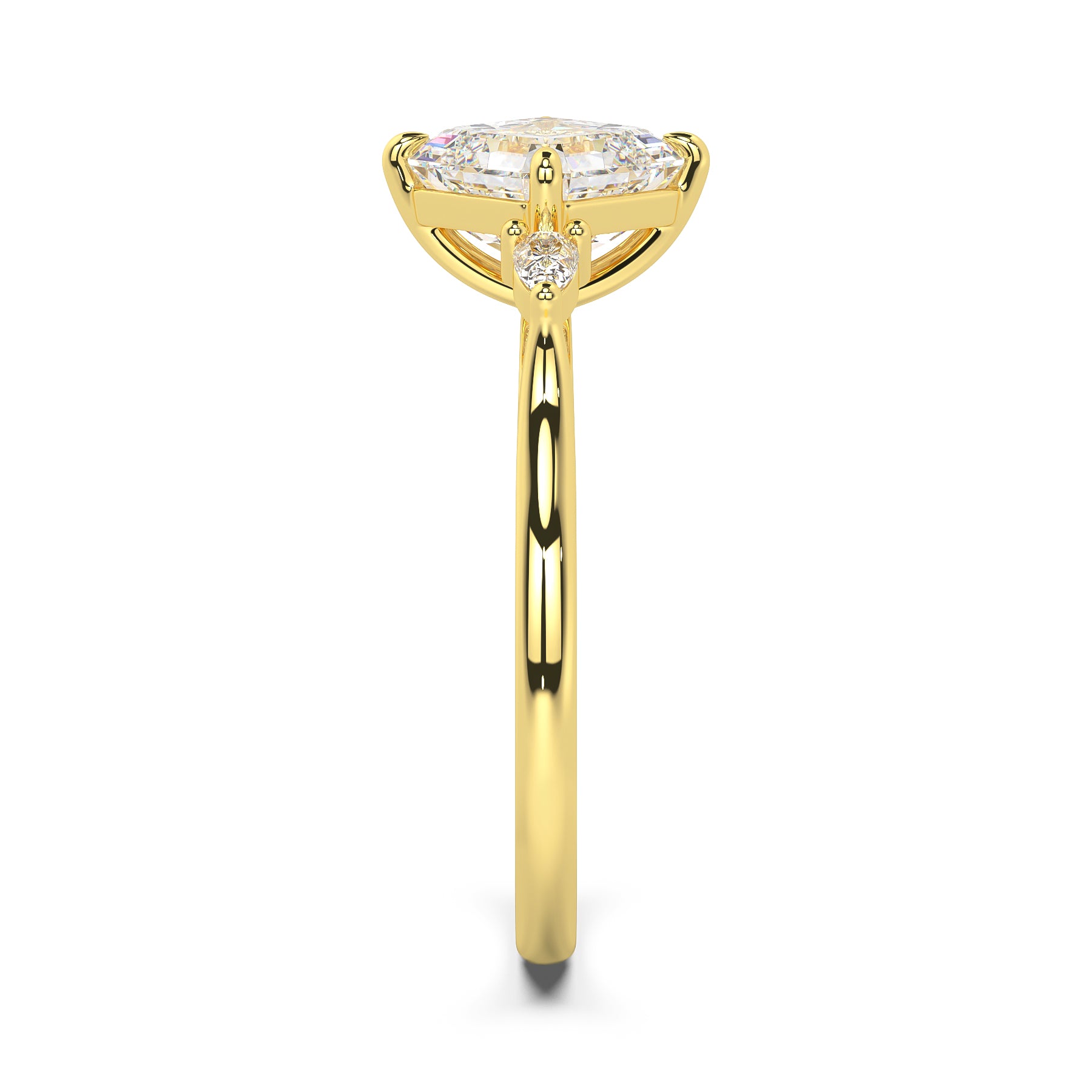 MOHSTEN JEWELLERS - Kashan- asscher cut diamond cathedral trilogy pear side stone engagement ring, yellow gold, side view 2
