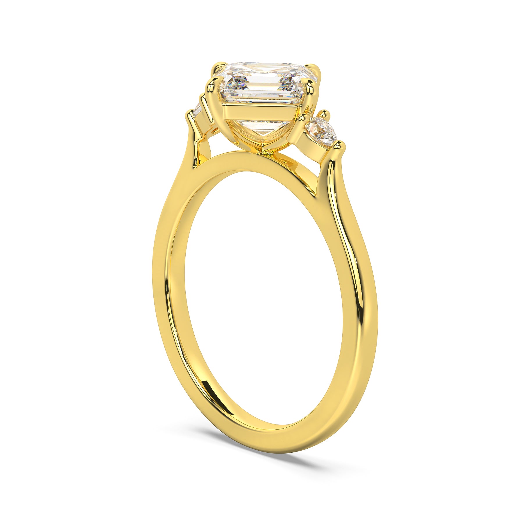 MOHSTEN JEWELLERS - Kashan- asscher cut diamond cathedral trilogy pear side stone engagement ring, yellow gold, side view 3