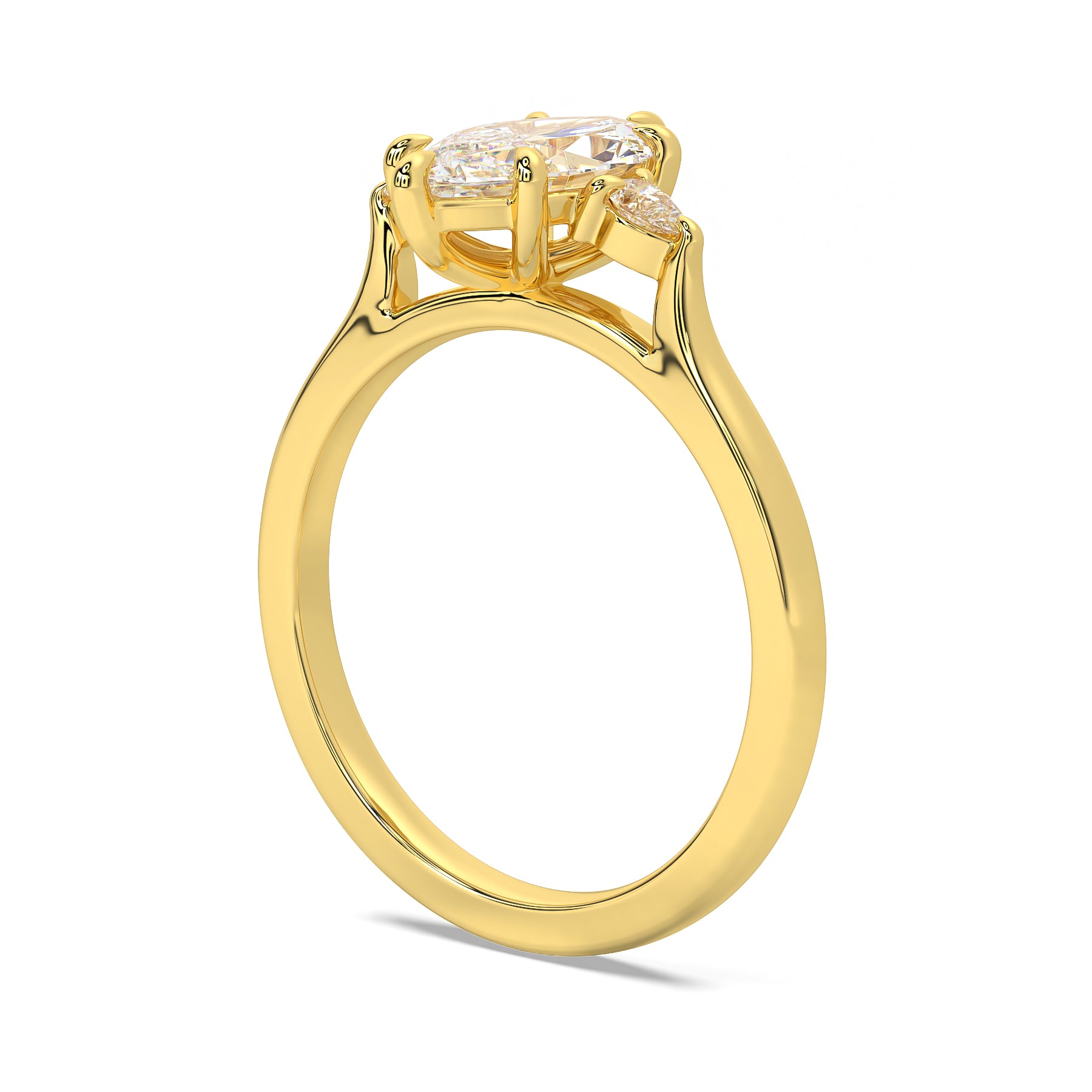 MOHSTEN JEWELLERS - Kashan- marquise cut diamond cathedral trilogy pear side stone engagement ring, white gold, side view 2