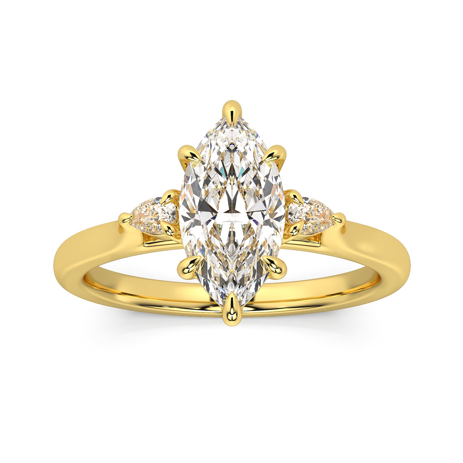 MOHSTEN JEWELLERS - Kashan- marquise cut diamond cathedral trilogy pear side stone engagement ring, white gold, top angle view 1