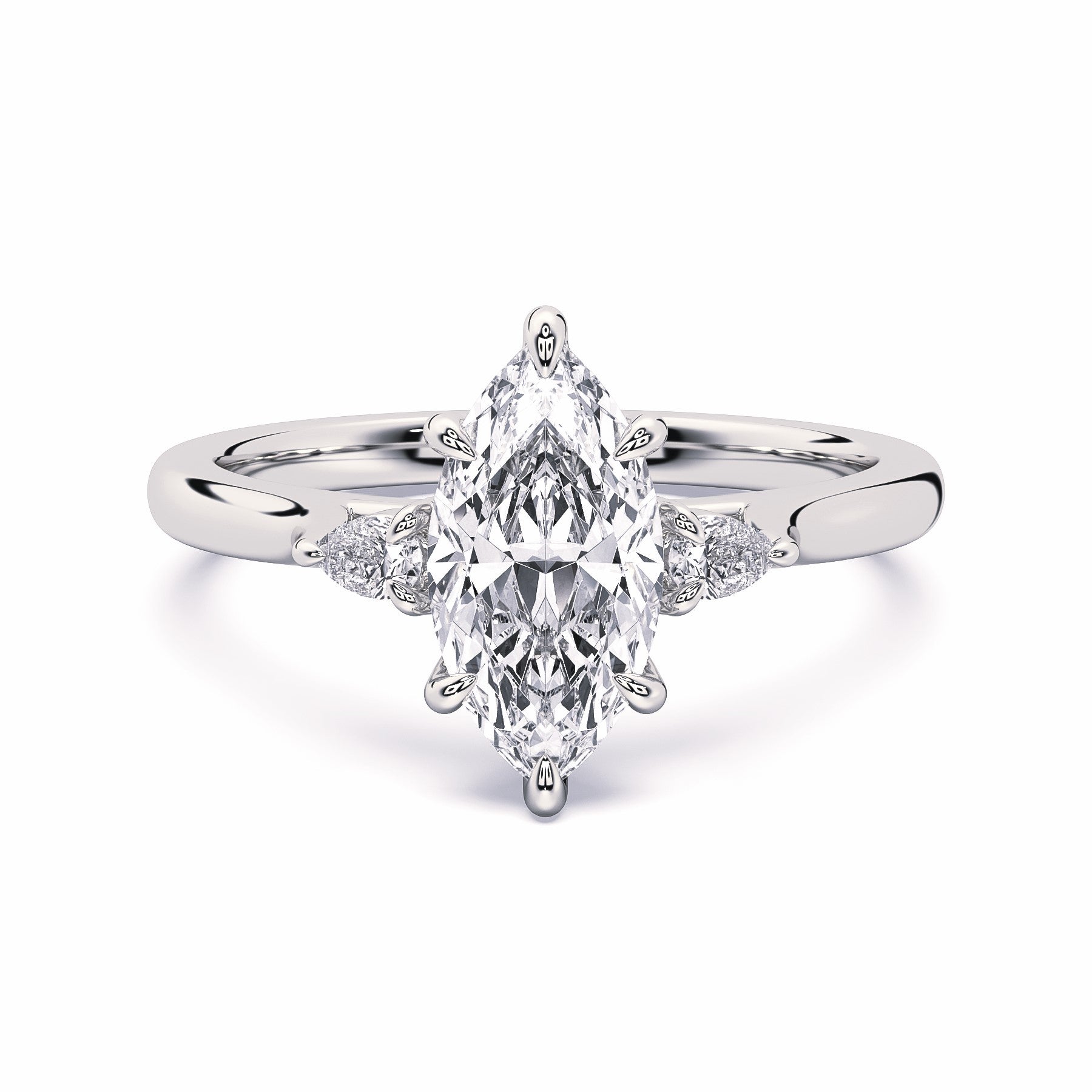 MOHSTEN JEWELLERS - Kashan- marquise cut diamond cathedral trilogy pear side stone engagement ring, white gold, top view
