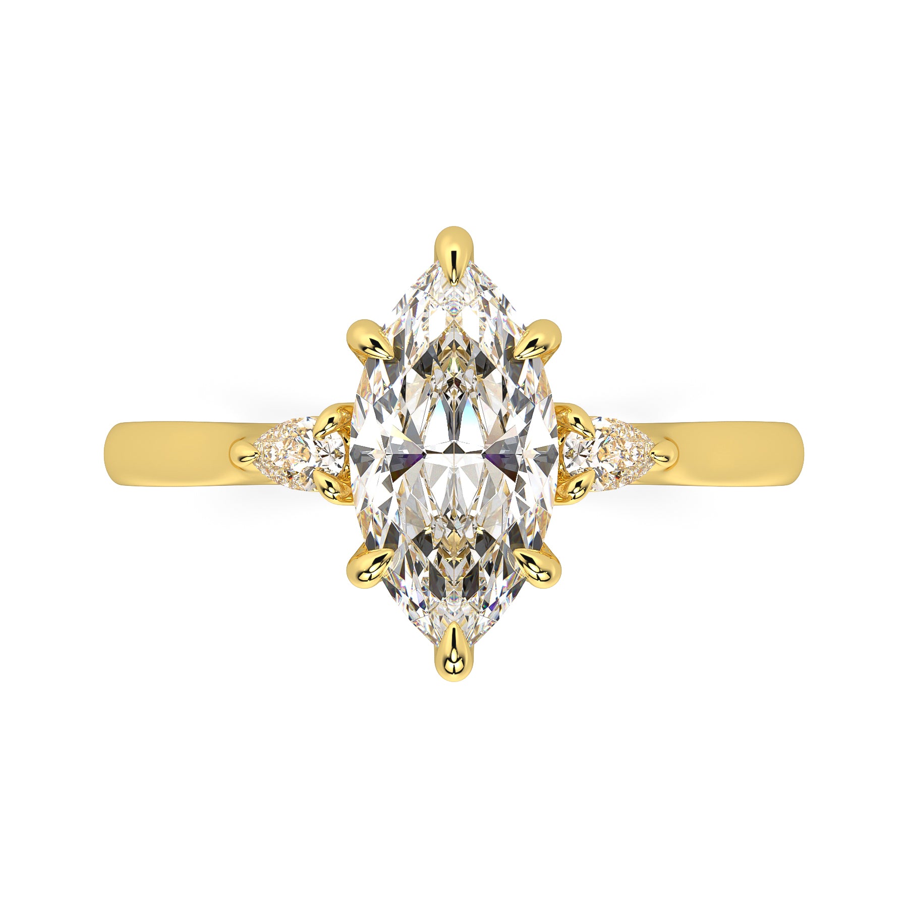 MOHSTEN JEWELLERS - Kashan- marquise cut diamond cathedral trilogy pear side stone engagement ring, white gold, top view 1