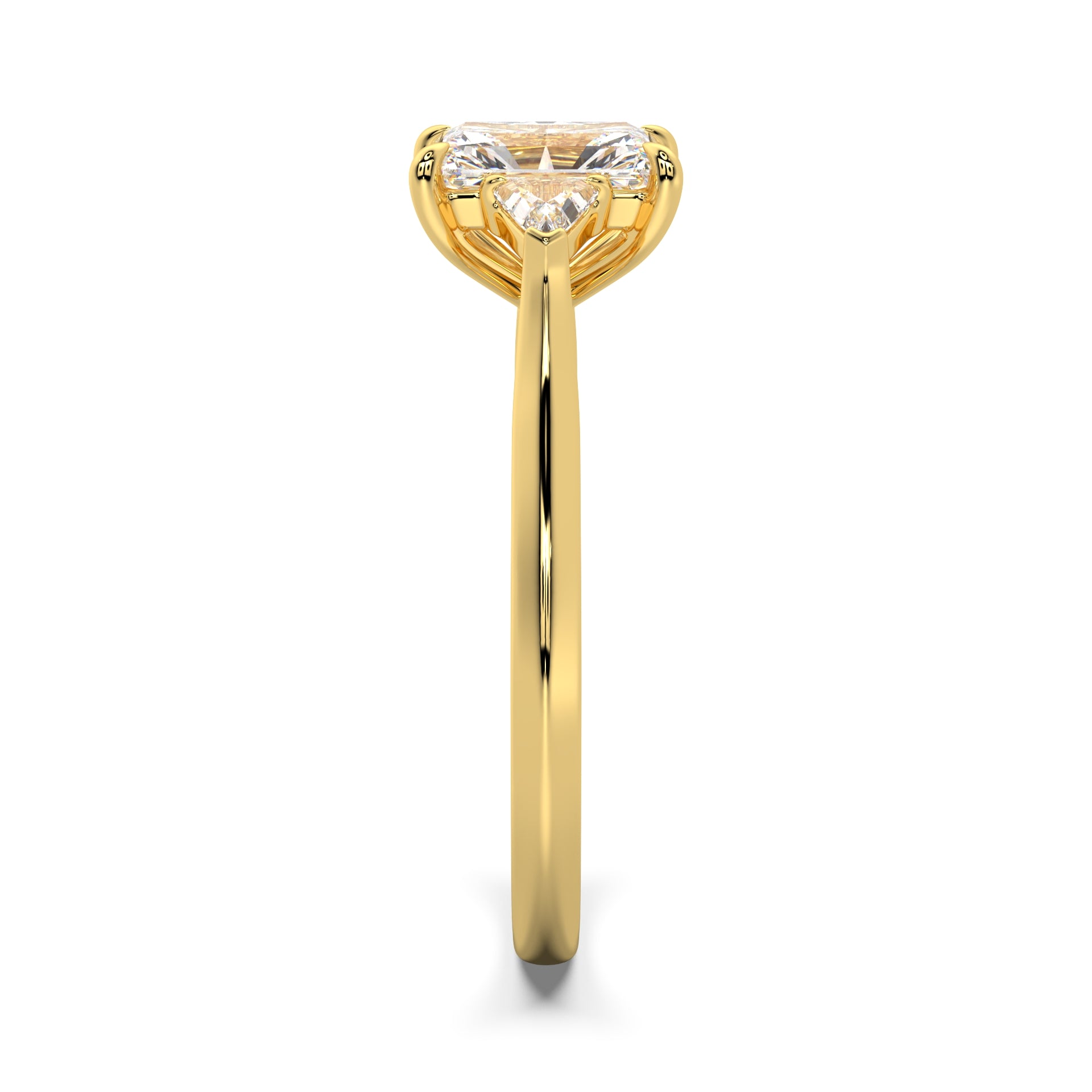 MOHSTEN JEWELLERS - Monaco - radiant cut diamond cathedral trilogy trillion side stone engagement ring, yellow gold, side view