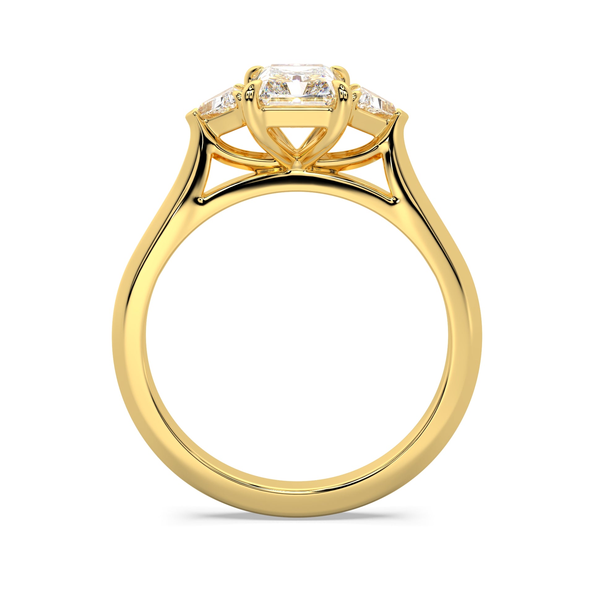 MOHSTEN JEWELLERS - Monaco - radiant cut diamond cathedral trilogy trillion side stone engagement ring, yellow gold, through finger view
