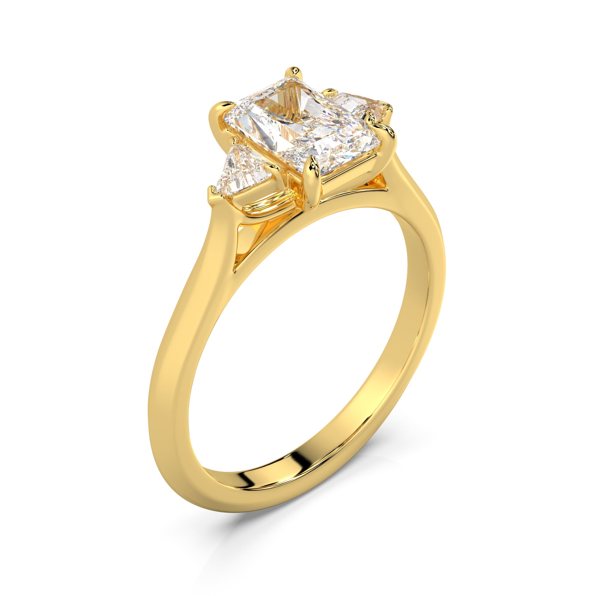 MOHSTEN JEWELLERS - Monaco - radiant cut diamond cathedral trilogy trillion side stone engagement ring, yellow gold, top angle view