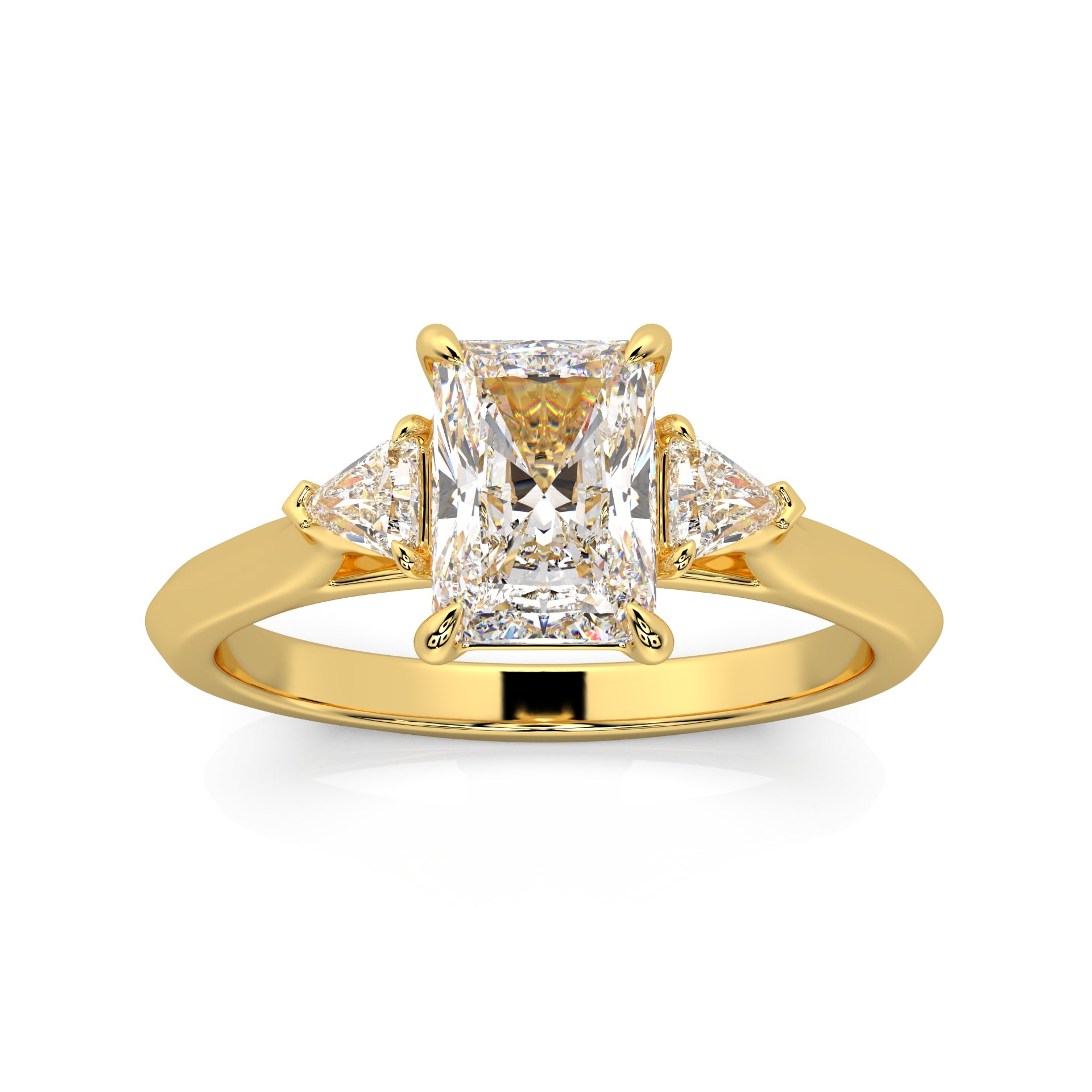 MOHSTEN JEWELLERS - Monaco - radiant cut diamond cathedral trilogy trillion side stone engagement ring, yellow gold, top view 1