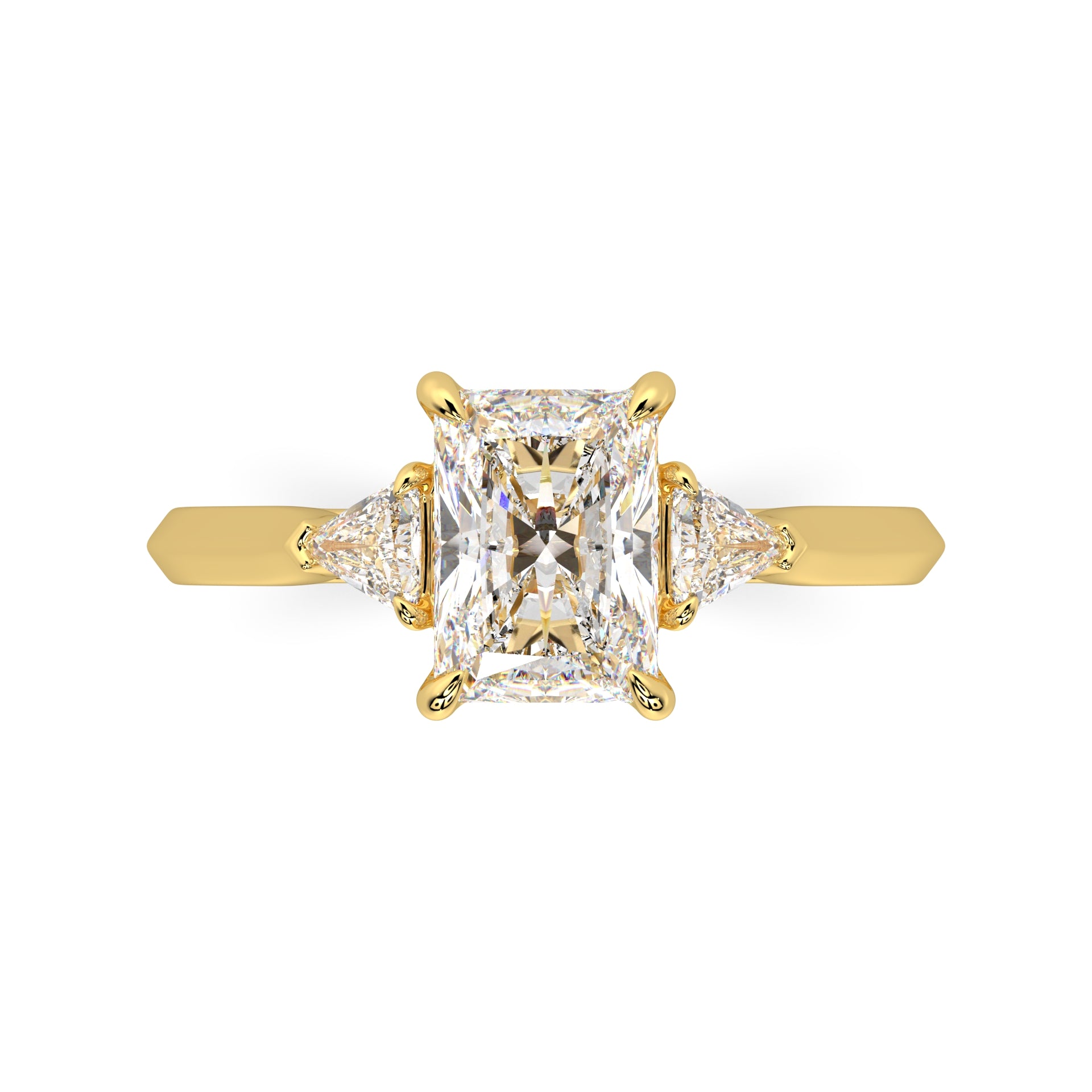 MOHSTEN JEWELLERS - Monaco - radiant cut diamond cathedral trilogy trillion side stone engagement ring, yellow gold, top view