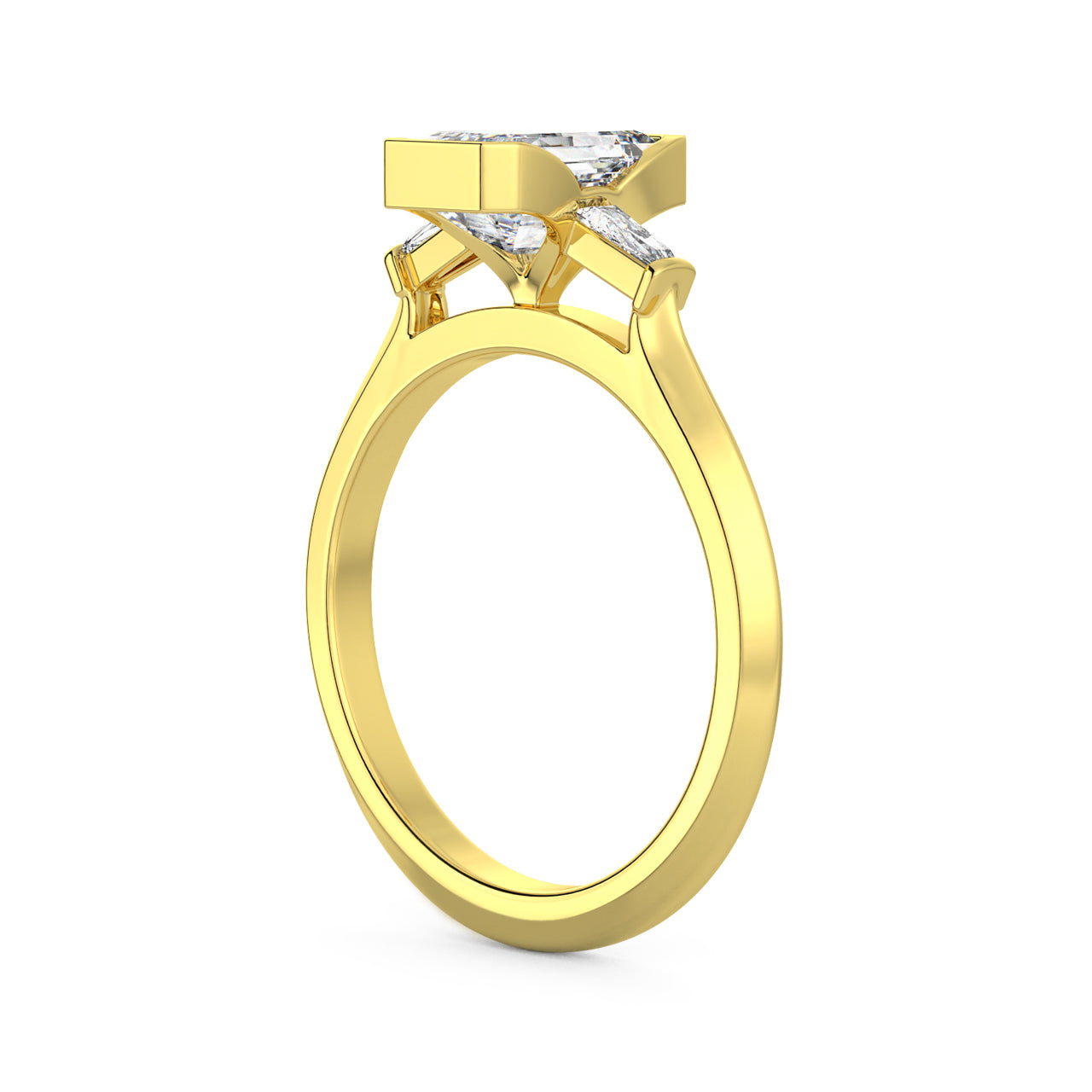 MOHSTEN JEWELLERS - Montreux - half bezel emerald cut diamond cathedral trilogy tapered baguette engagement ring, yellow gold, side angle view
