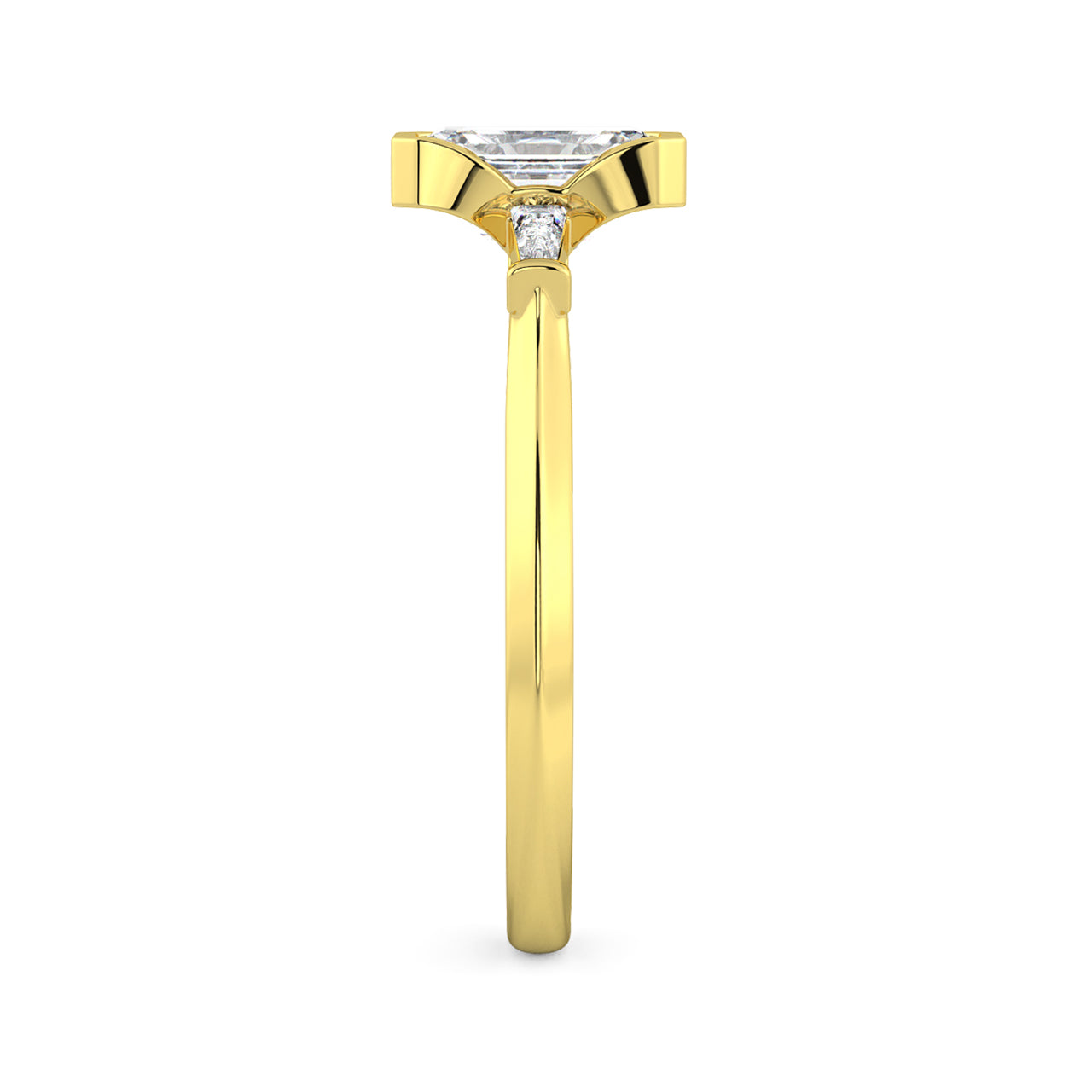 MOHSTEN JEWELLERS - Montreux - half bezel emerald cut diamond cathedral trilogy tapered baguette engagement ring, yellow gold, side view