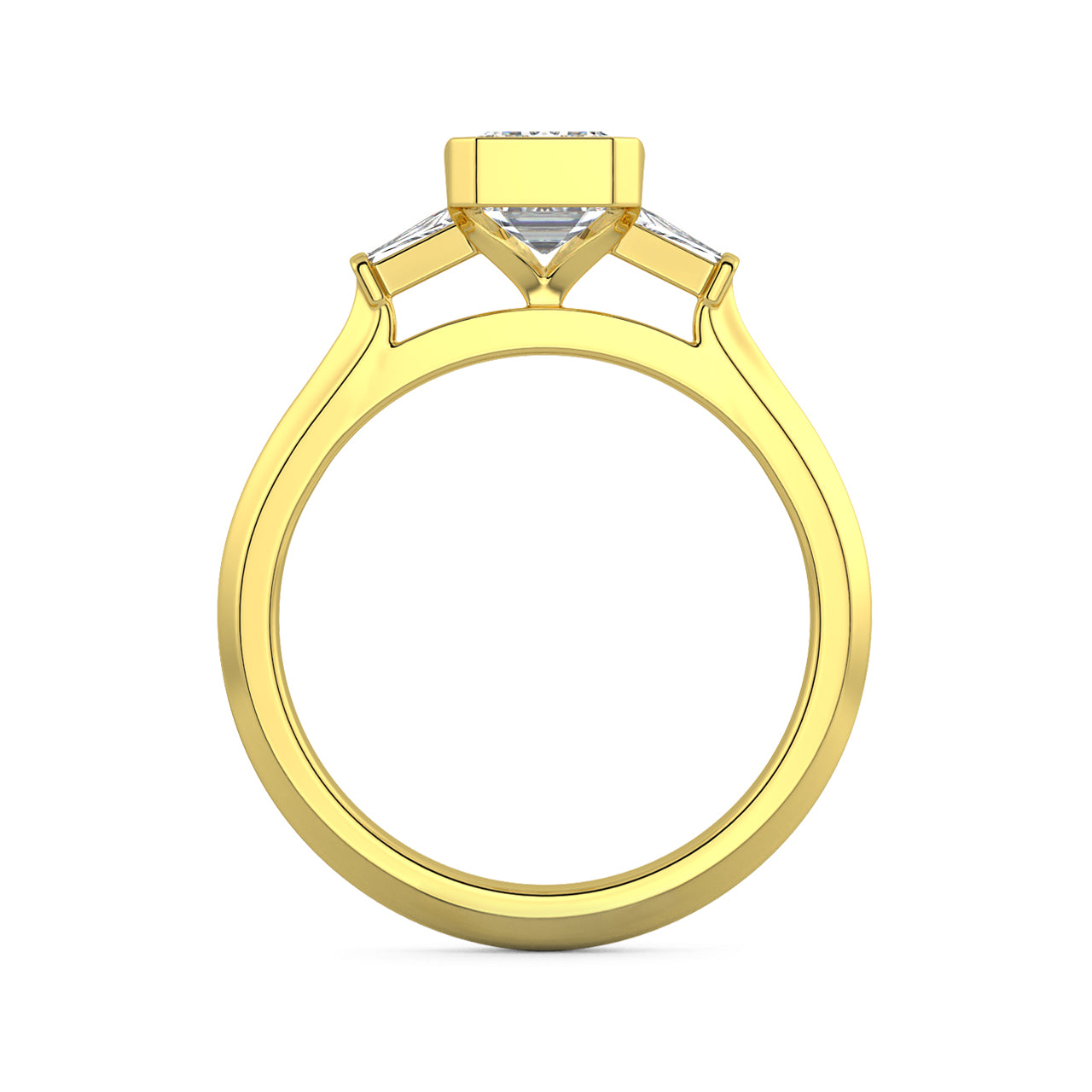 MOHSTEN JEWELLERS - Montreux - half bezel emerald cut diamond cathedral trilogy tapered baguette engagement ring, yellow gold, through finger view