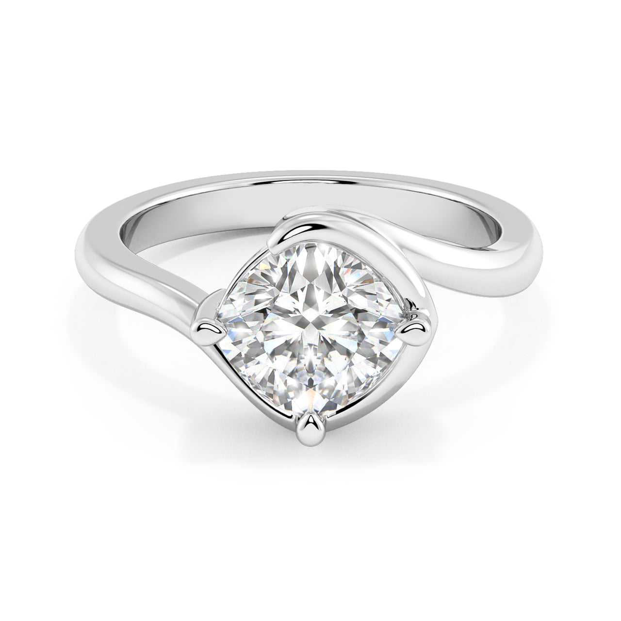 MOHSTEN JEWELLERS - OSLO - sweeping bezel off set cushion diamond solitaire engagement ring, white gold, top view