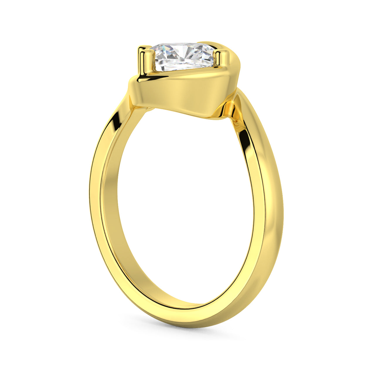 MOHSTEN JEWELLERS - OSLO - sweeping bezel off set cushion diamond solitaire engagement ring, yellow gold, side angle view