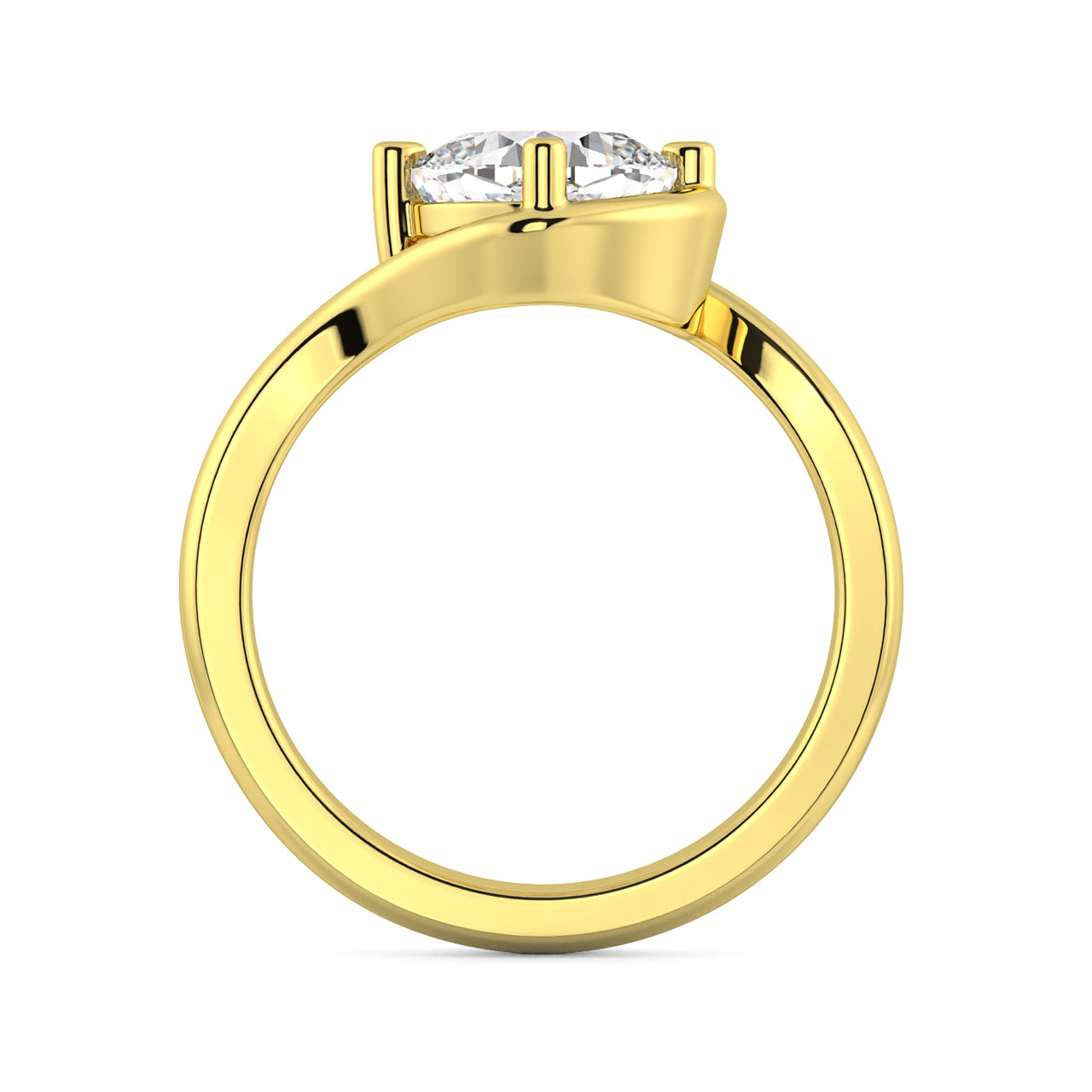 MOHSTEN JEWELLERS - OSLO - sweeping bezel off set cushion diamond solitaire engagement ring, yellow gold, through finger view