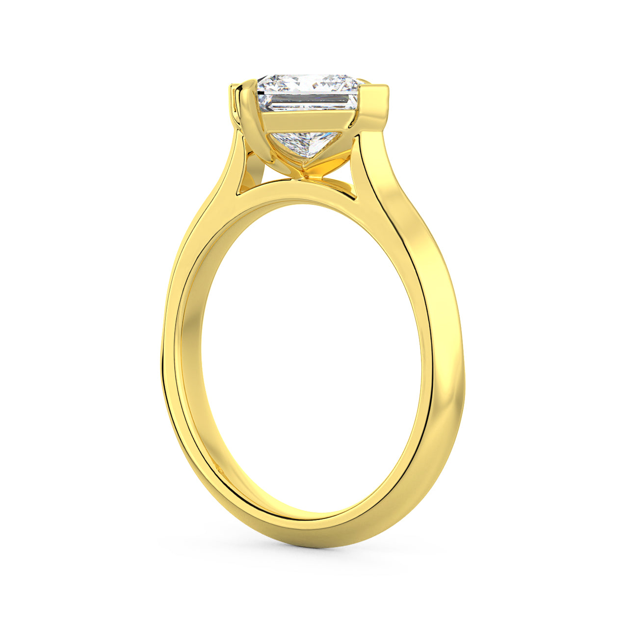 MOHSTEN JEWELLERS - Odessa- off-set princess cut diamond cathedral solitaire engagement ring, yellow gold, side angle view