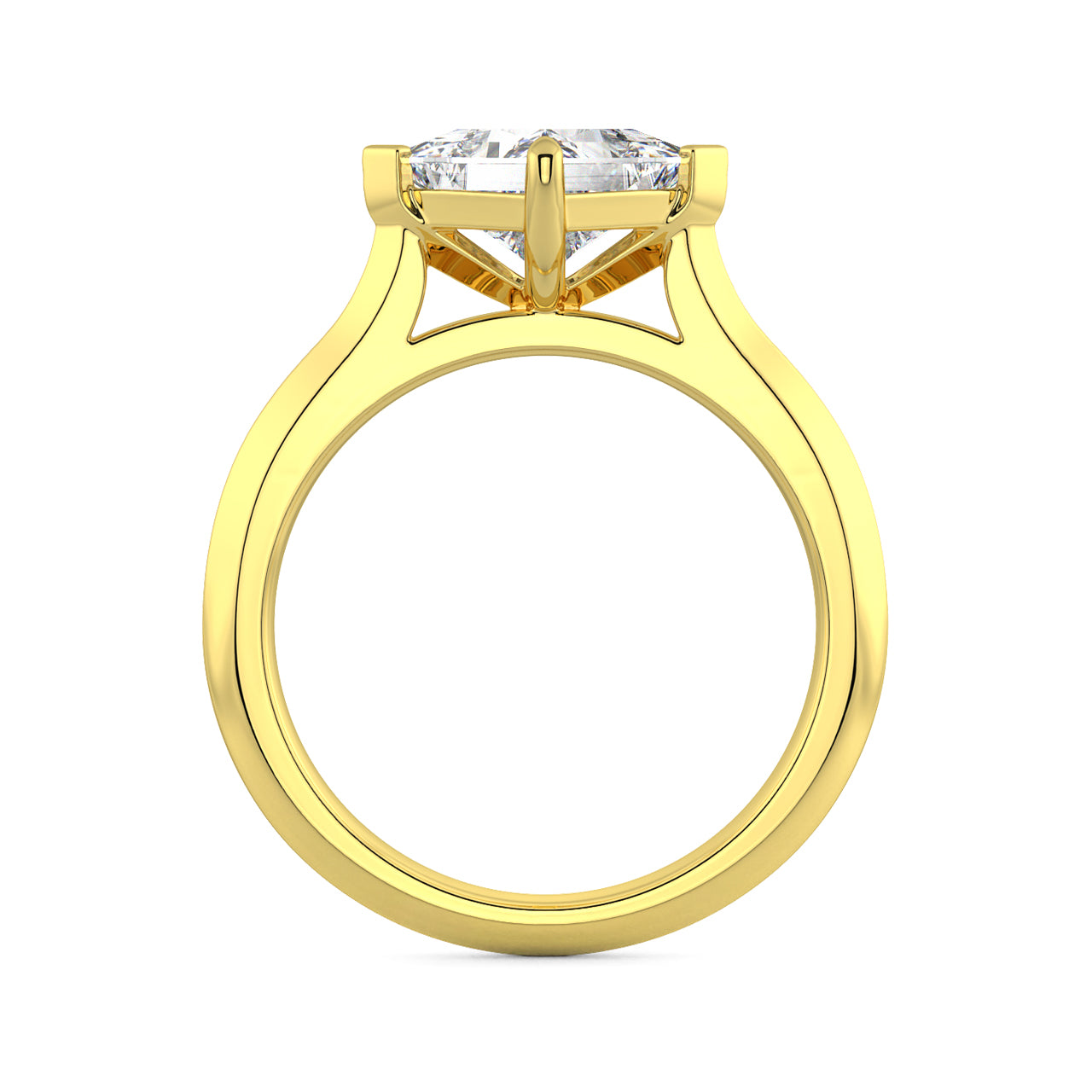 MOHSTEN JEWELLERS - Odessa- off-set princess cut diamond cathedral solitaire engagement ring, yellow gold, through finger view