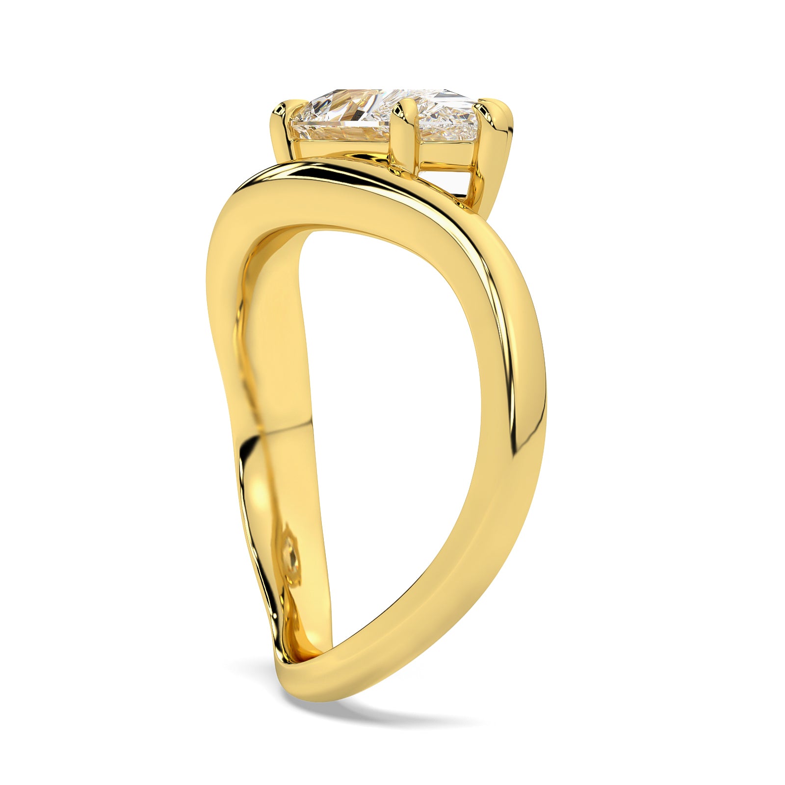 MOHSTEN JEWELLERS - VENICE - 5 claw pear diamond solitaire engagement ring with a swept band. yellow gold, side angle view