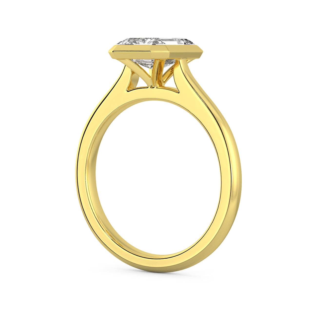 MOHSTEN JEWELLERS - chania- bezel emerald cut diamond cathedral solitaire engagement ring, yellow gold, side angle view