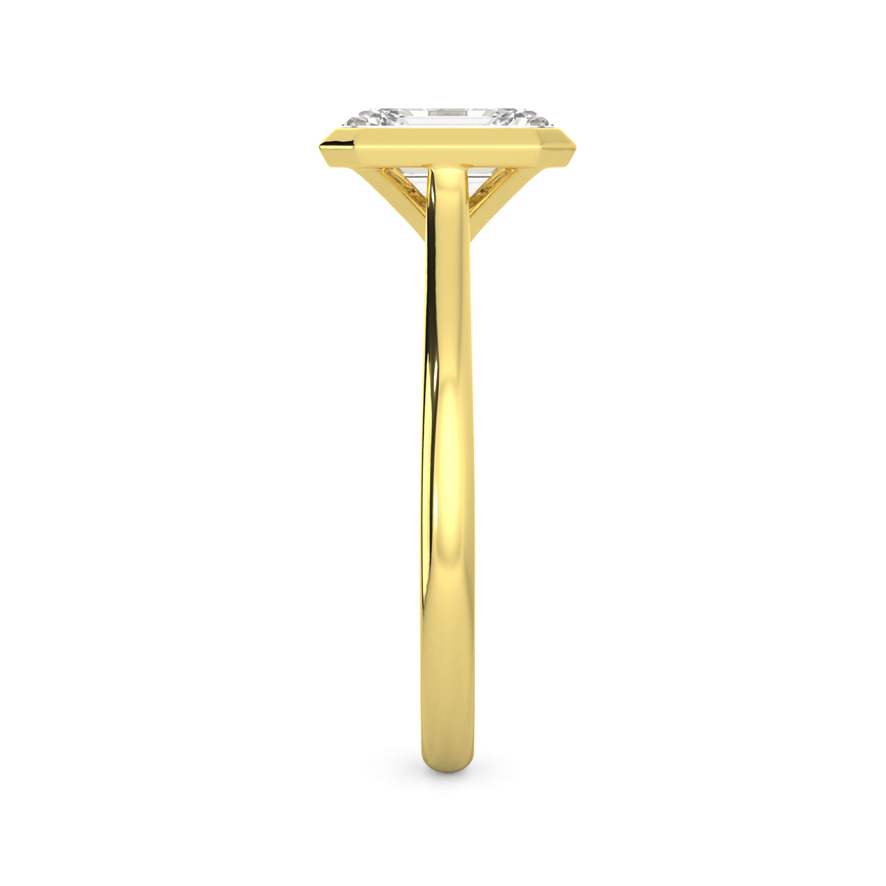 MOHSTEN JEWELLERS - chania- bezel emerald cut diamond cathedral solitaire engagement ring, yellow gold, side view