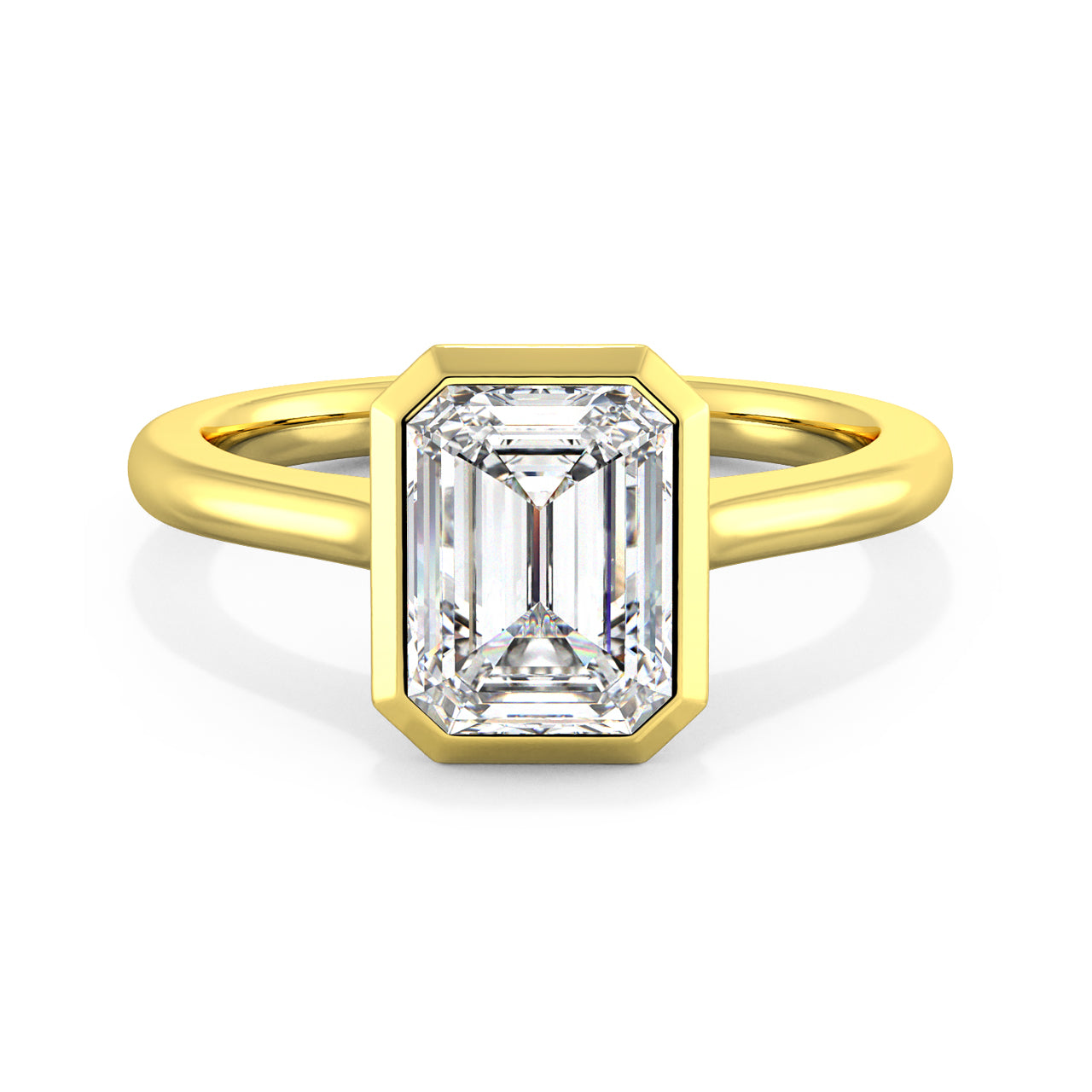 MOHSTEN JEWELLERS - chania- bezel emerald cut diamond cathedral solitaire engagement ring, yellow gold, top view