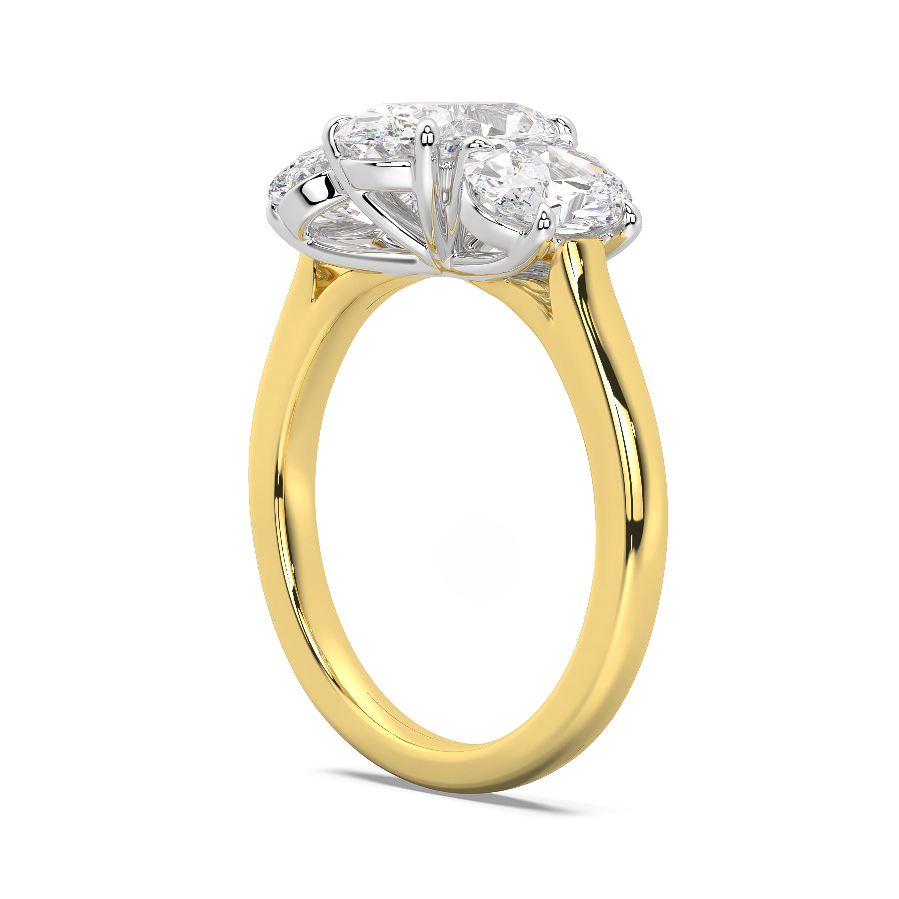 MOHSTEN JEWELLERS - sydney- half oval cut diamond cathedral trilogy oval side stone engagement ring, two tone, yellow gold, side angle view