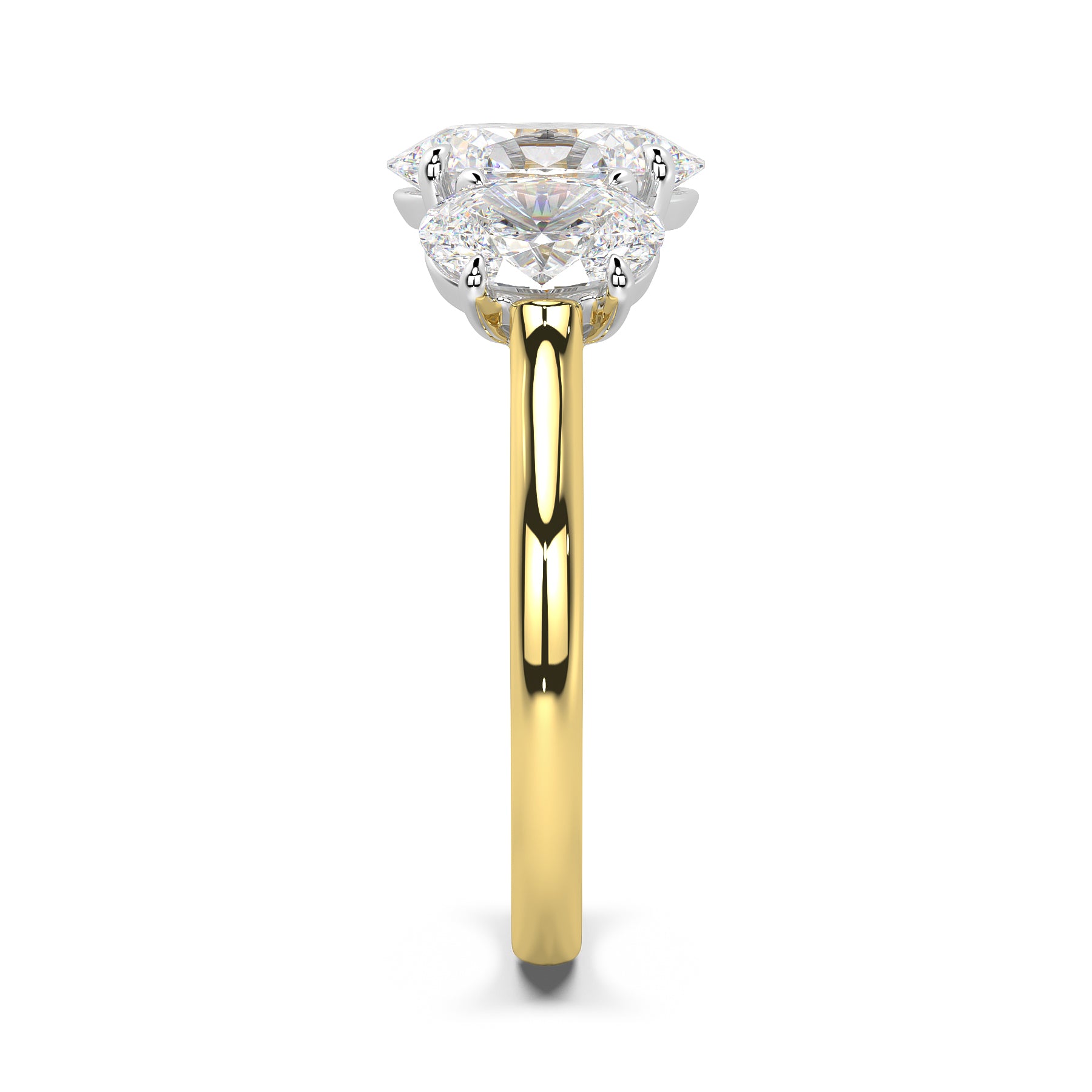 MOHSTEN JEWELLERS - sydney- half oval cut diamond cathedral trilogy oval side stone engagement ring, two tone, yellow gold, side view
