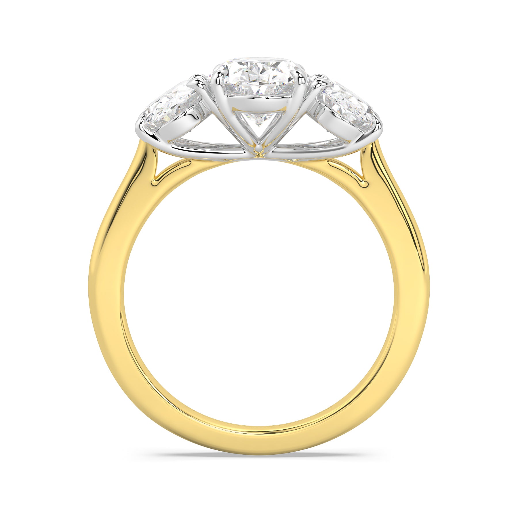 MOHSTEN JEWELLERS - sydney- half oval cut diamond cathedral trilogy oval side stone engagement ring, two tone, yellow gold, through finger view