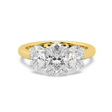 MOHSTEN JEWELLERS - sydney- half oval cut diamond cathedral trilogy oval side stone engagement ring, two tone, yellow gold, top view