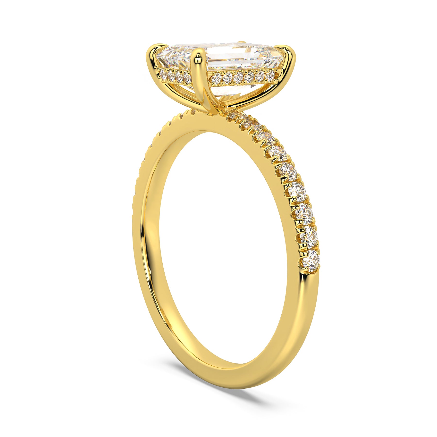 MOHSTEN JEWELLERS, Aspen criss cut diamond solitaire engagement ring with diamond band and hidden halo, , yellow gold, side angle view