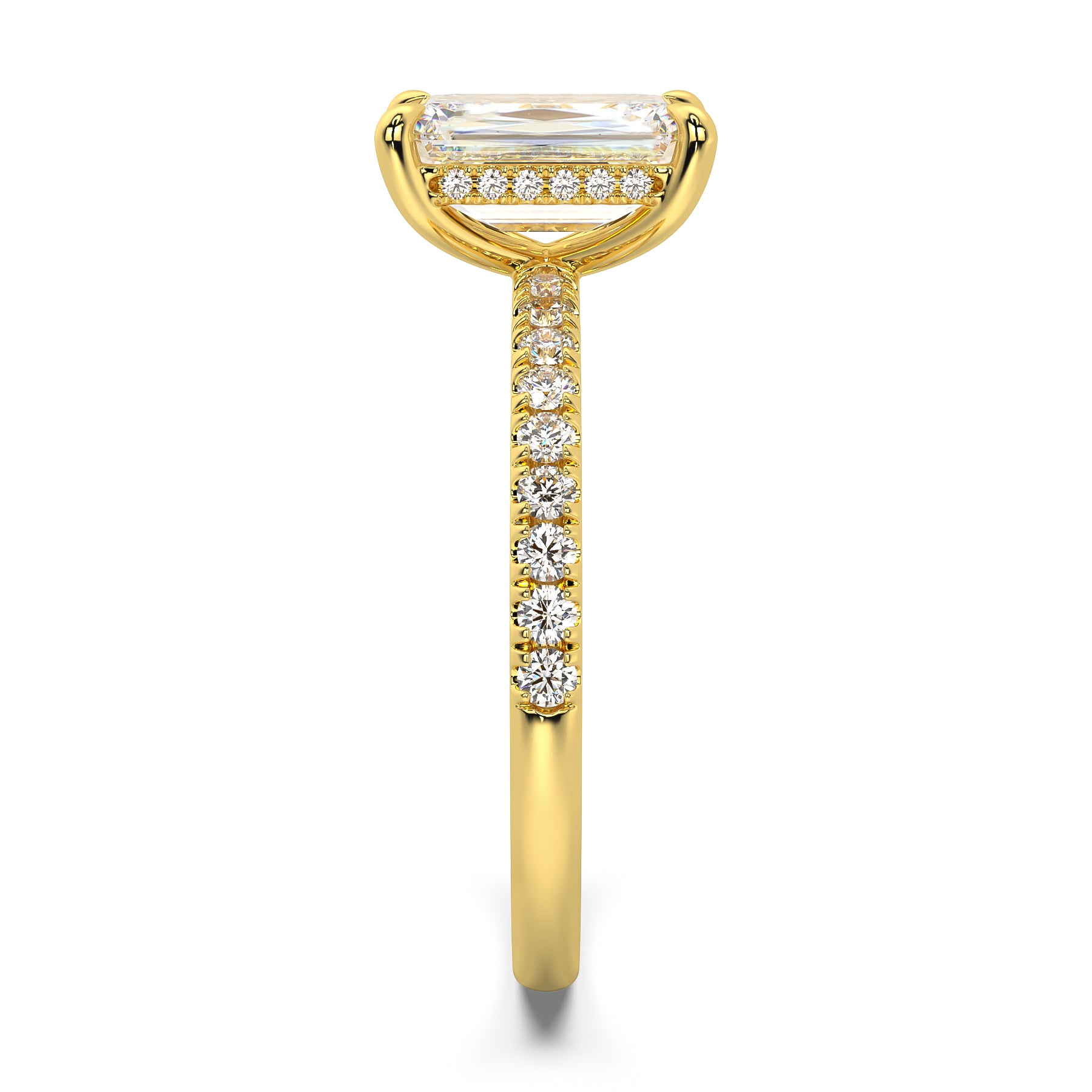 MOHSTEN JEWELLERS, Aspen criss cut diamond solitaire engagement ring with diamond band and hidden halo, , yellow gold, side view