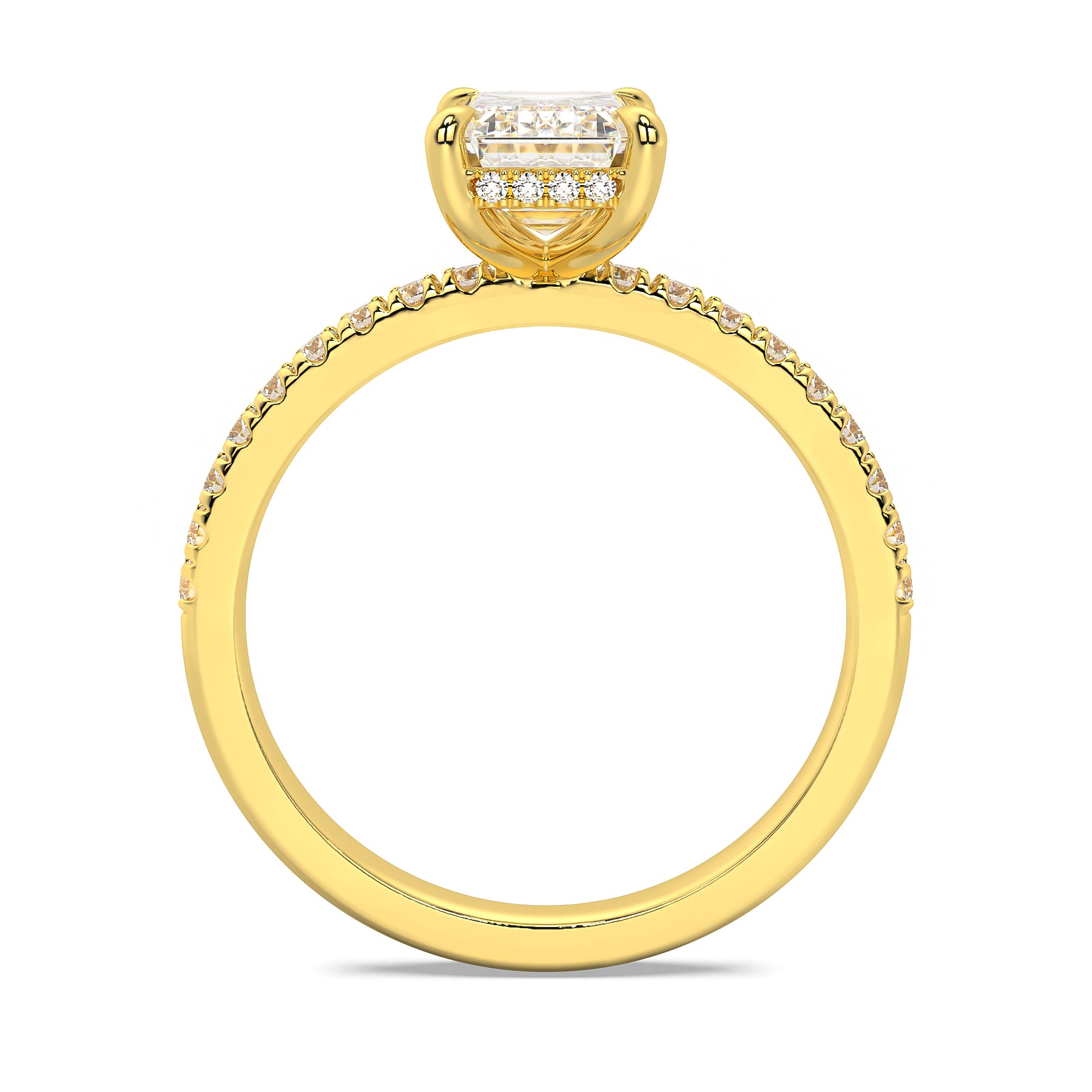 MOHSTEN JEWELLERS, Aspen criss cut diamond solitaire engagement ring with diamond band and hidden halo, , yellow gold, through finger view