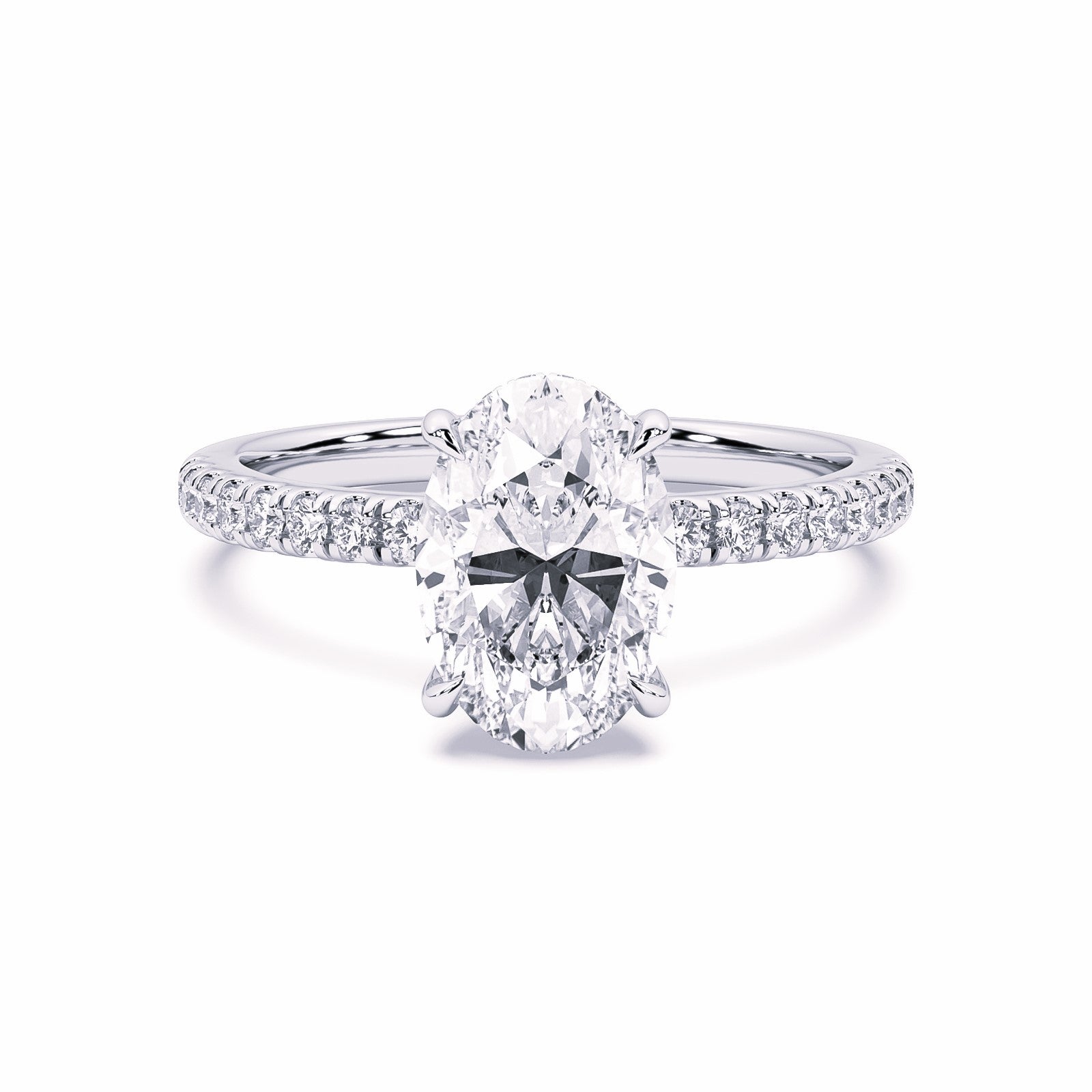 MOHSTEN JEWELLERS, Aspen oval diamond solitaire engagement ring with diamond band and hidden halo, , white gold, front view
