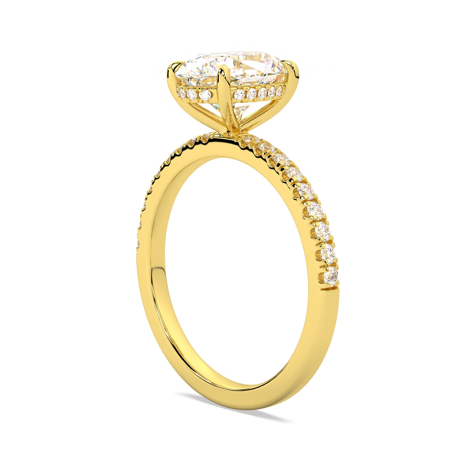 MOHSTEN JEWELLERS, Aspen oval diamond solitaire engagement ring with diamond band and hidden halo, , yellow gold, side angle view