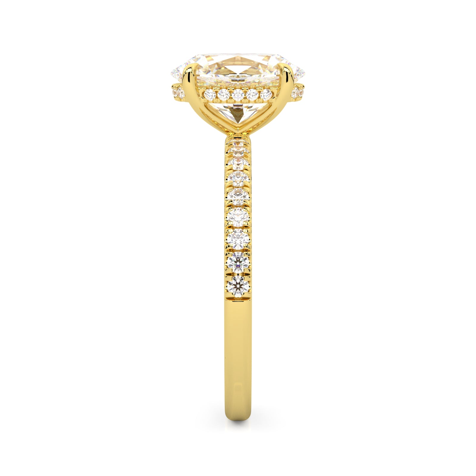 MOHSTEN JEWELLERS, Aspen oval diamond solitaire engagement ring with diamond band and hidden halo, , yellow gold, side view
