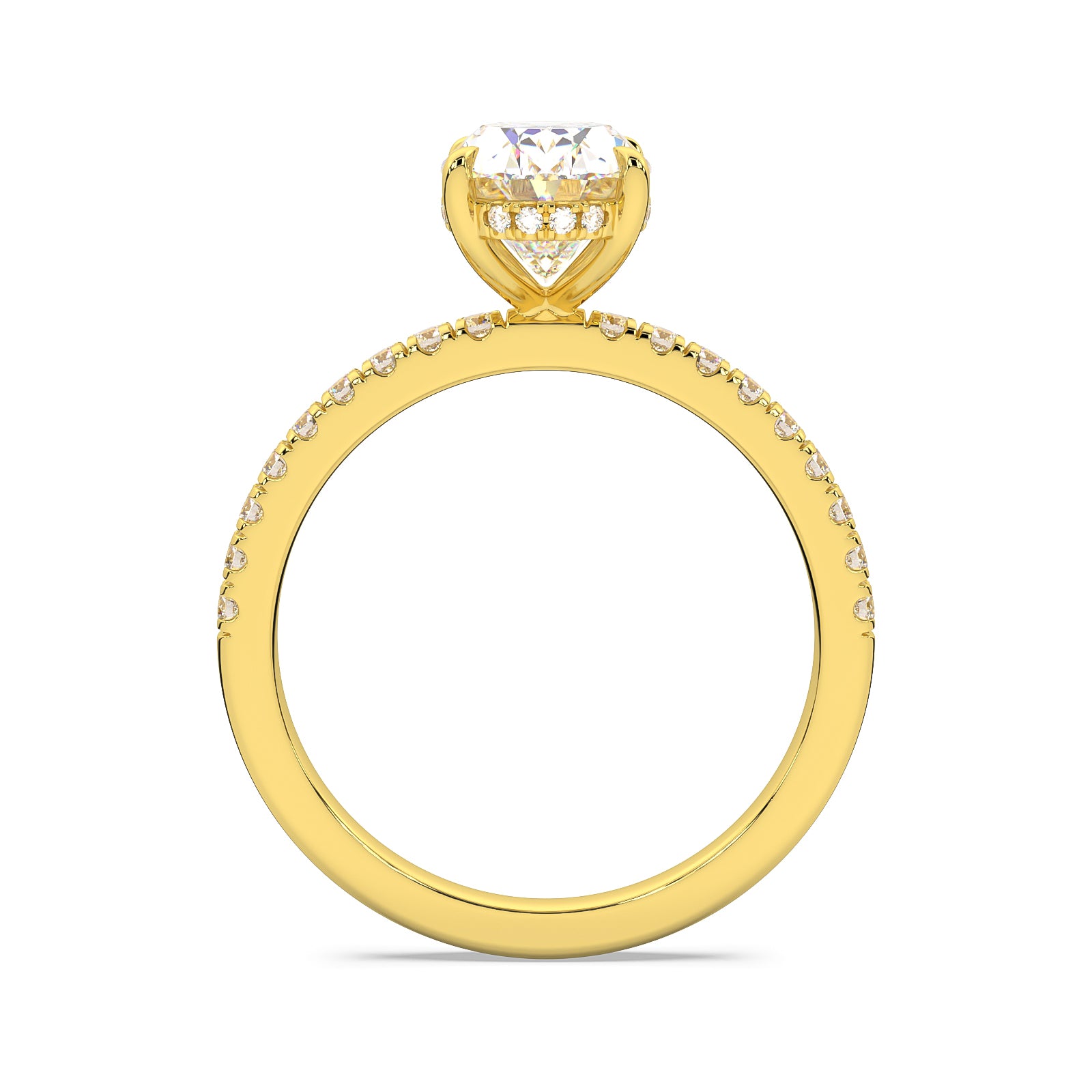 MOHSTEN JEWELLERS, Aspen oval diamond solitaire engagement ring with diamond band and hidden halo, , yellow gold, through finger view