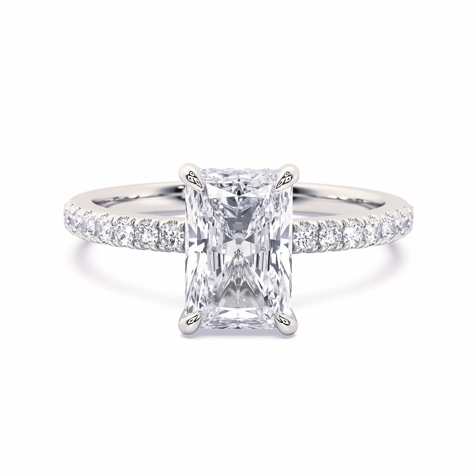 MOHSTEN JEWELLERS, Aspen radiant diamond solitaire engagement ring with diamond band and hidden halo, , white gold, front view