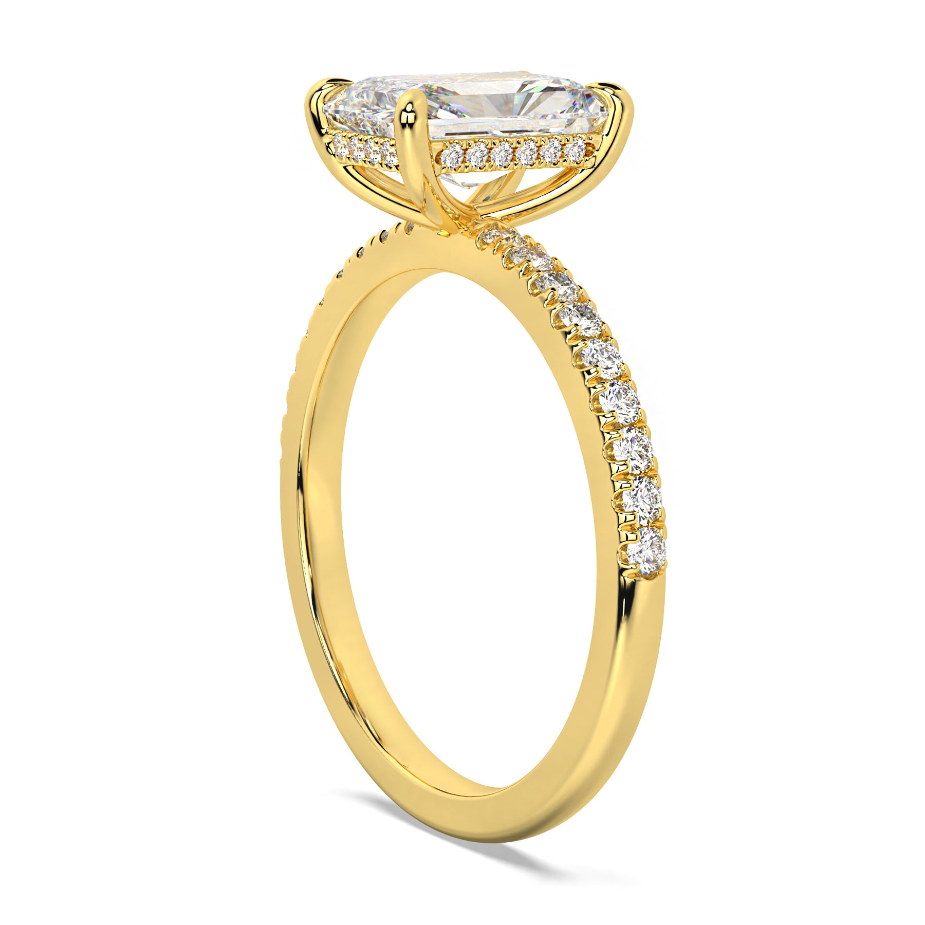 MOHSTEN JEWELLERS, Aspen radiant diamond solitaire engagement ring with diamond band and hidden halo, , yellow gold, side angle view